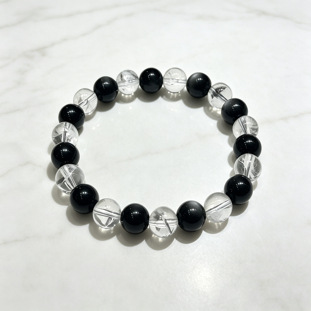 Silver Obsidian & Clear Azeztulite Bracelet | Protective Crystal Bracelet for Anxiety & Clear Path