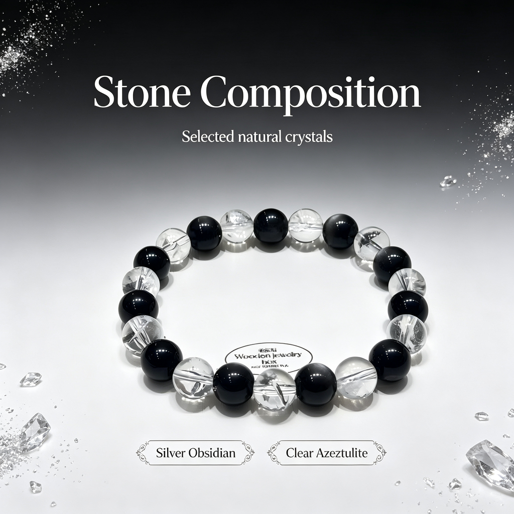 Silver Obsidian & Clear Azeztulite Bracelet | Protective Crystal Bracelet for Anxiety & Clear Path