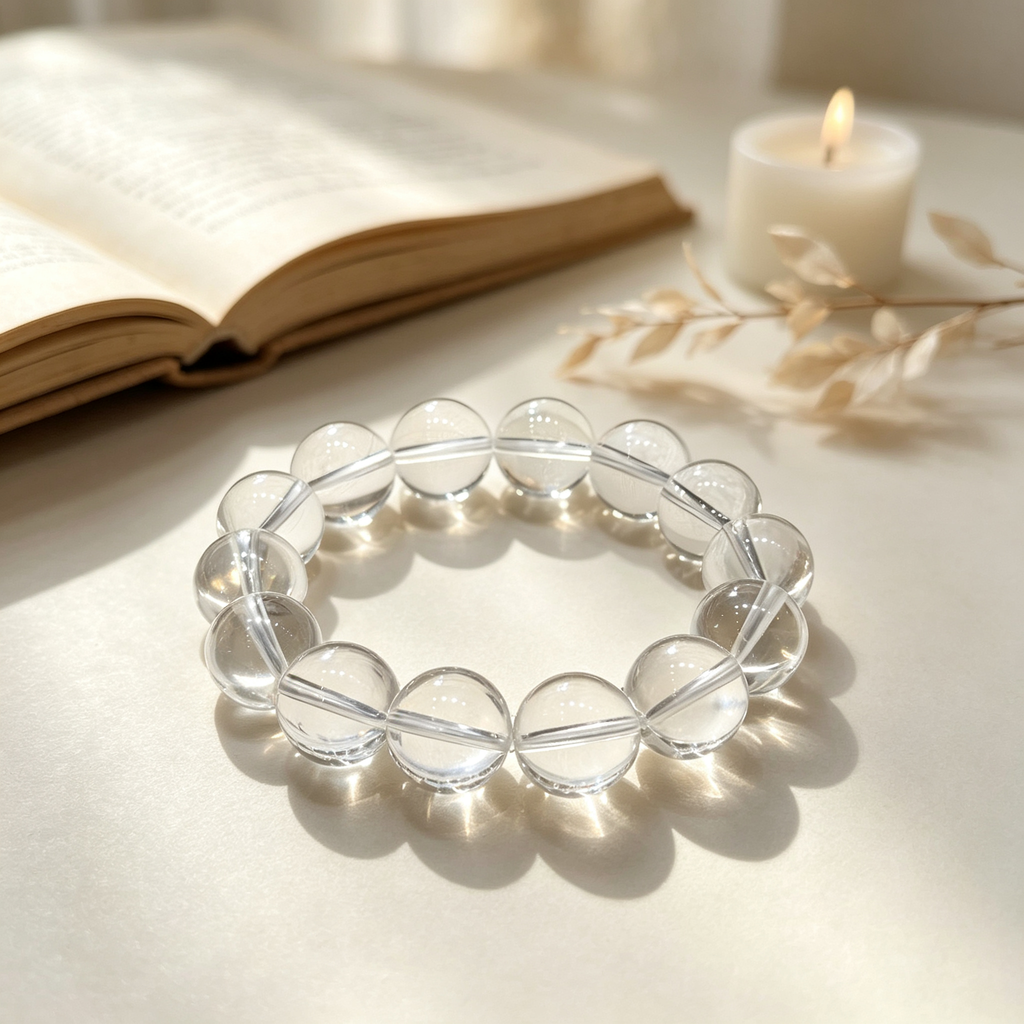 Natural Clear Quartz Bracelet, Healing Crystal Beaded Bracelet for Calm & Success