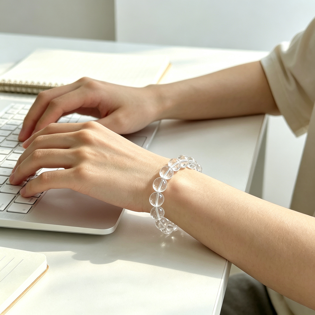 Natural Clear Quartz Bracelet, Healing Crystal Beaded Bracelet for Calm & Success