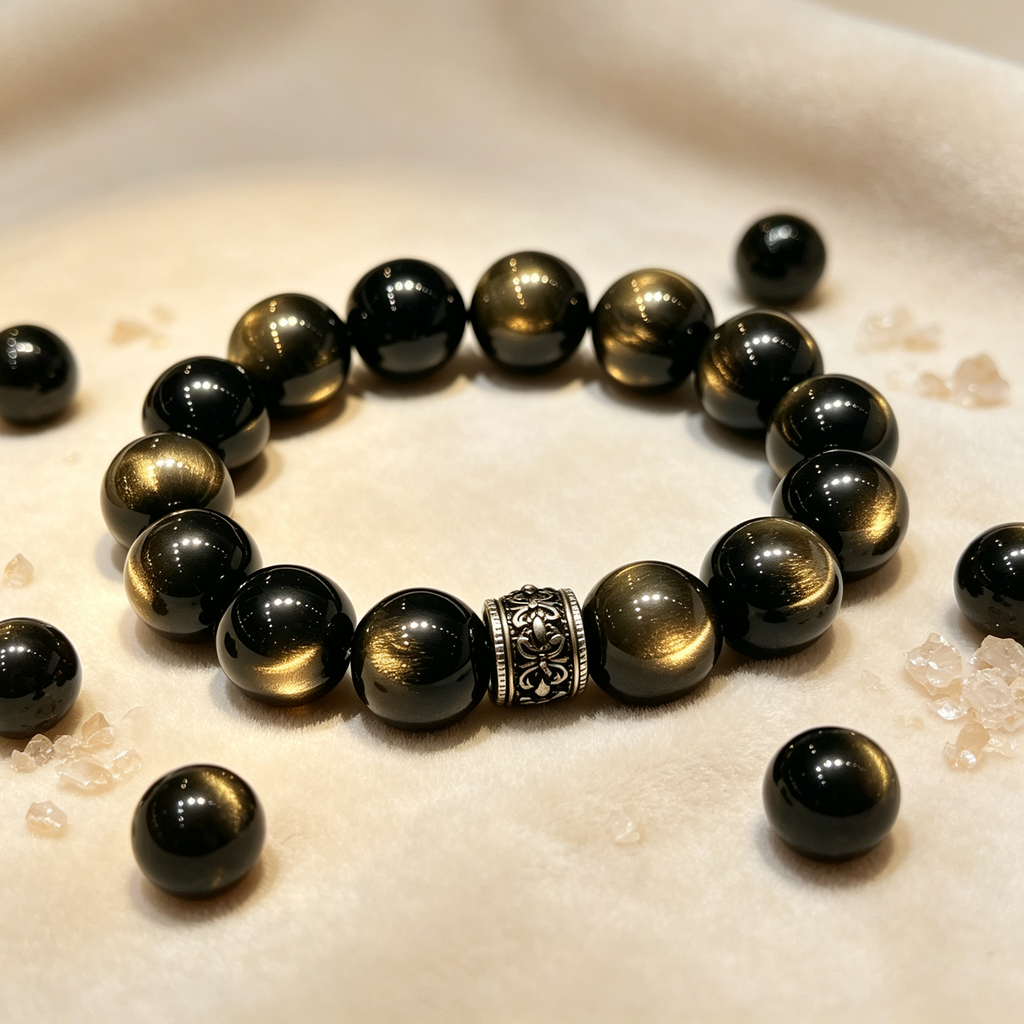 Gold Sheen Obsidian Bracelet Natural Crystal Protection Wealth Beaded Bracelet