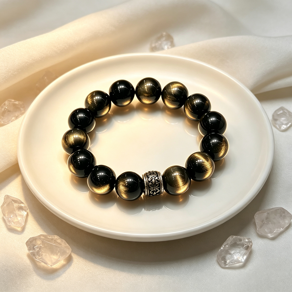 Gold Sheen Obsidian Bracelet Natural Crystal Protection Wealth Beaded Bracelet