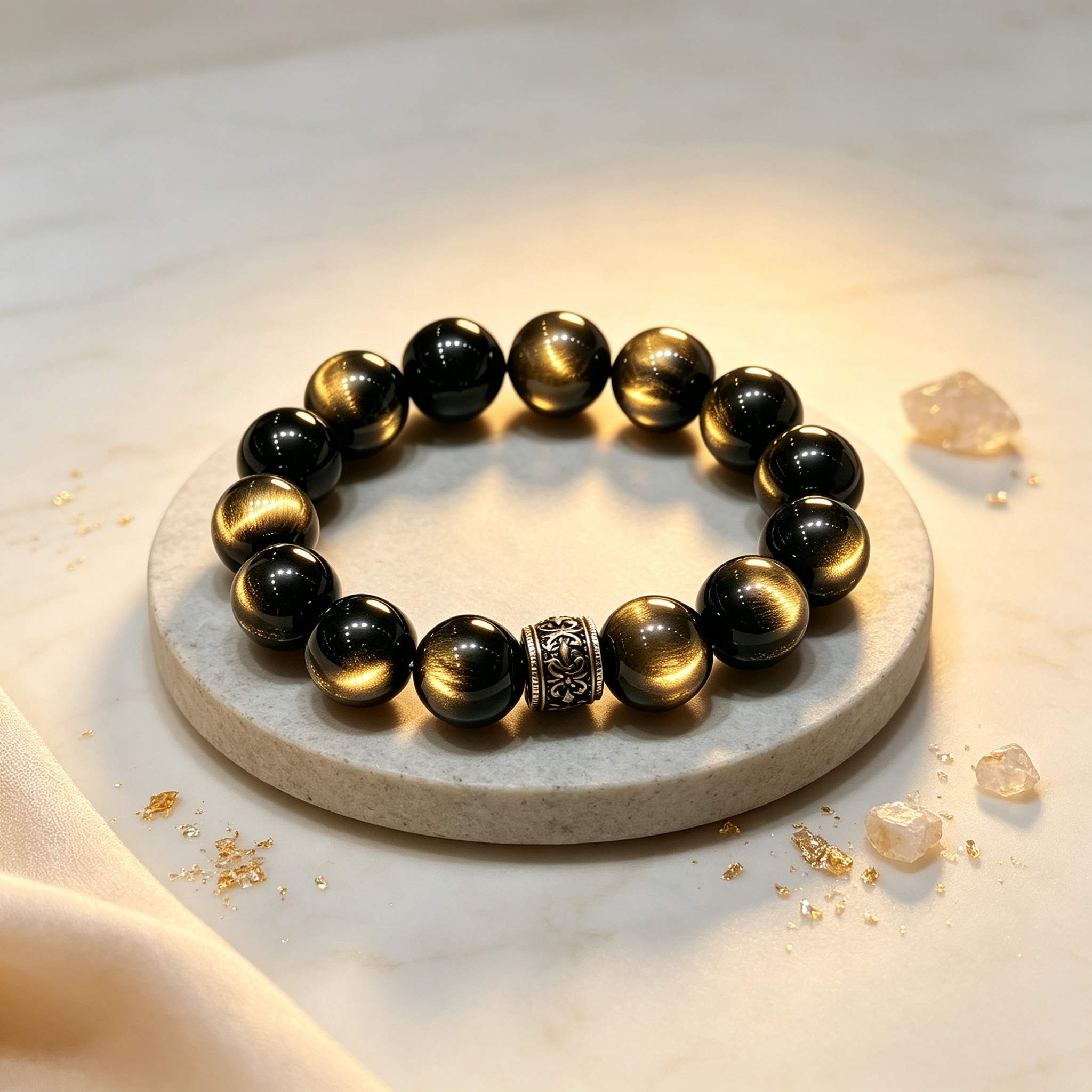 Gold Sheen Obsidian Bracelet Natural Crystal Protection Wealth Beaded Bracelet