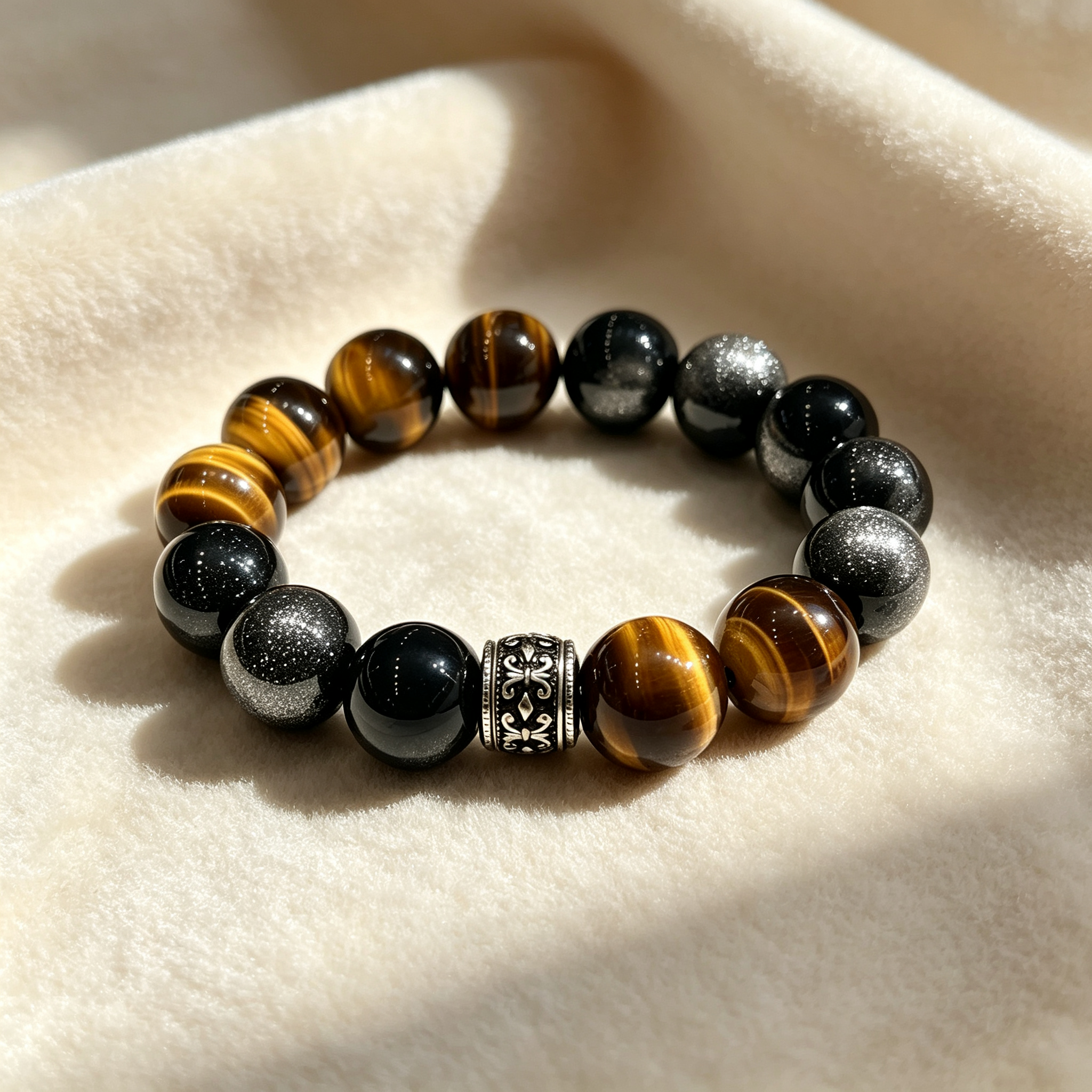 Golden Tiger Eye Silver Sheen Obsidian Bracelet Natural Crystal Wealth Protection Beaded Bracelet