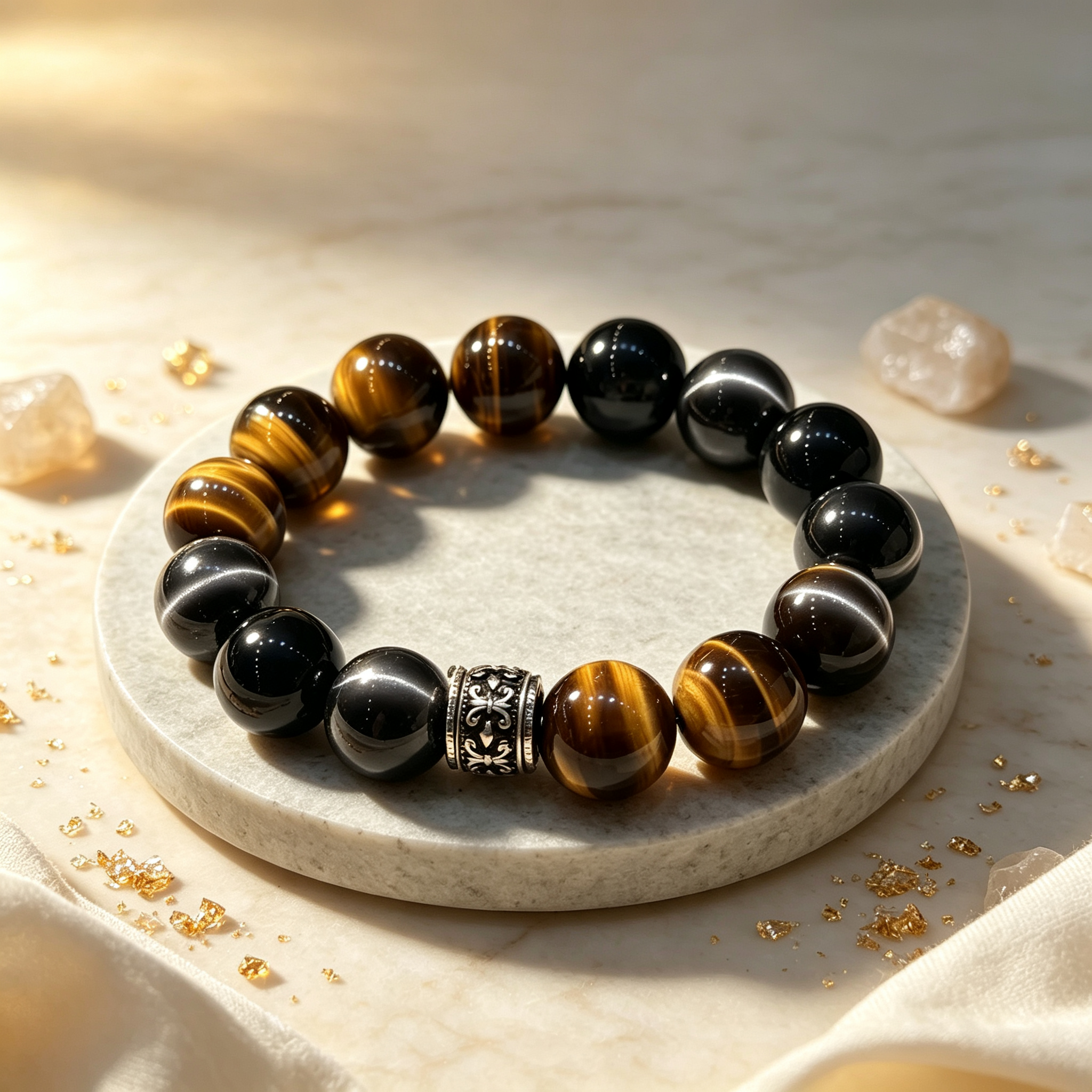 Golden Tiger Eye Silver Sheen Obsidian Bracelet Natural Crystal Wealth Protection Beaded Bracelet