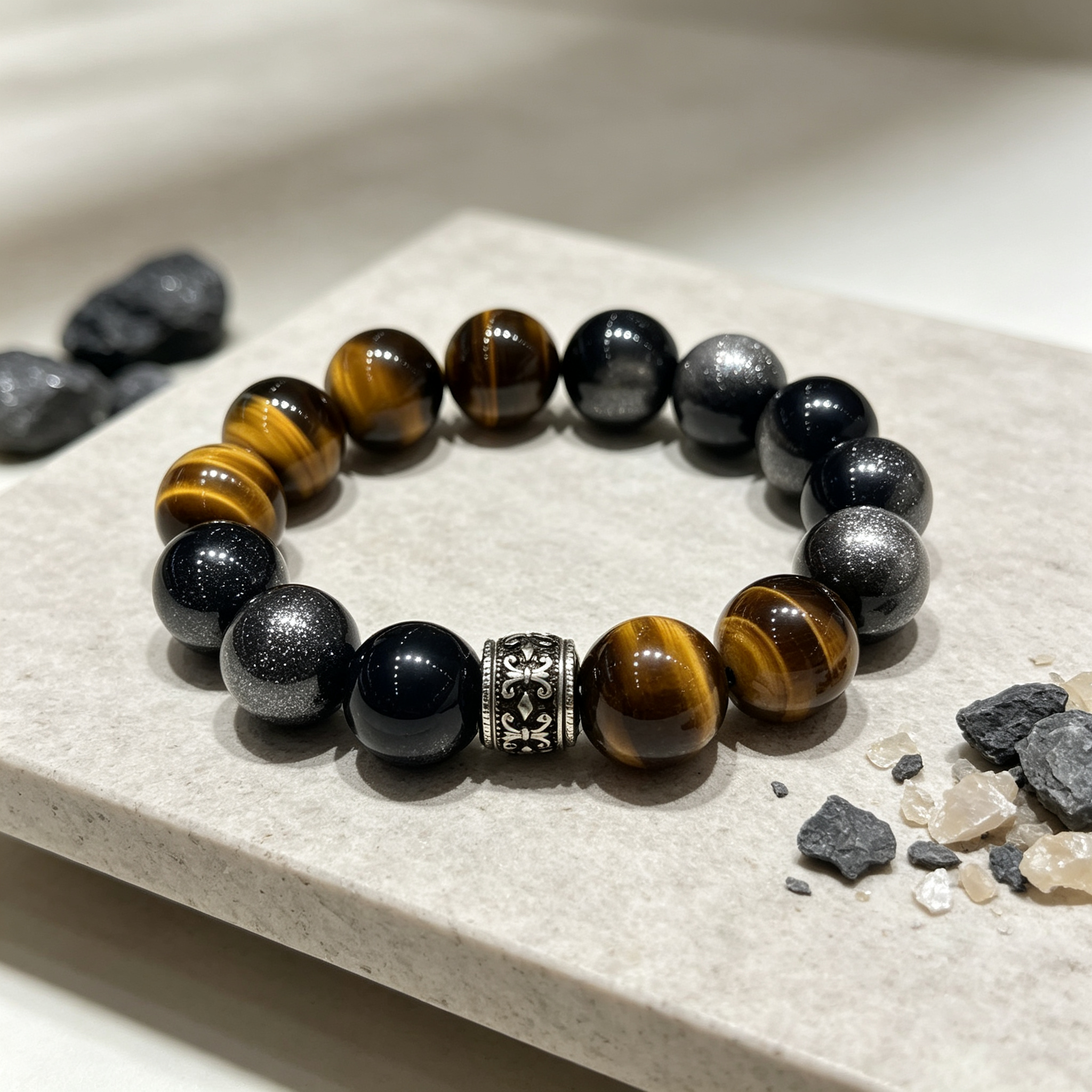 Golden Tiger Eye Silver Sheen Obsidian Bracelet Natural Crystal Wealth Protection Beaded Bracelet