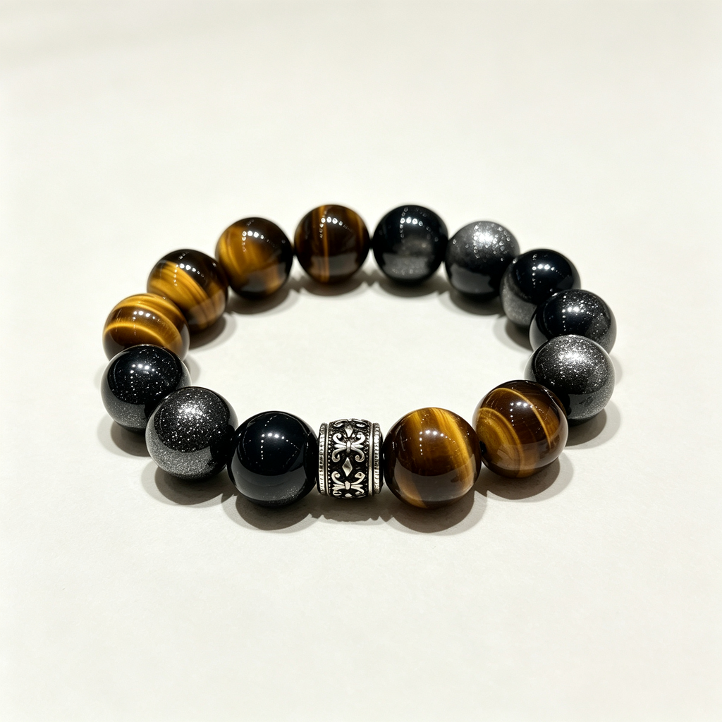 Golden Tiger Eye Silver Sheen Obsidian Bracelet Natural Crystal Wealth Protection Beaded Bracelet