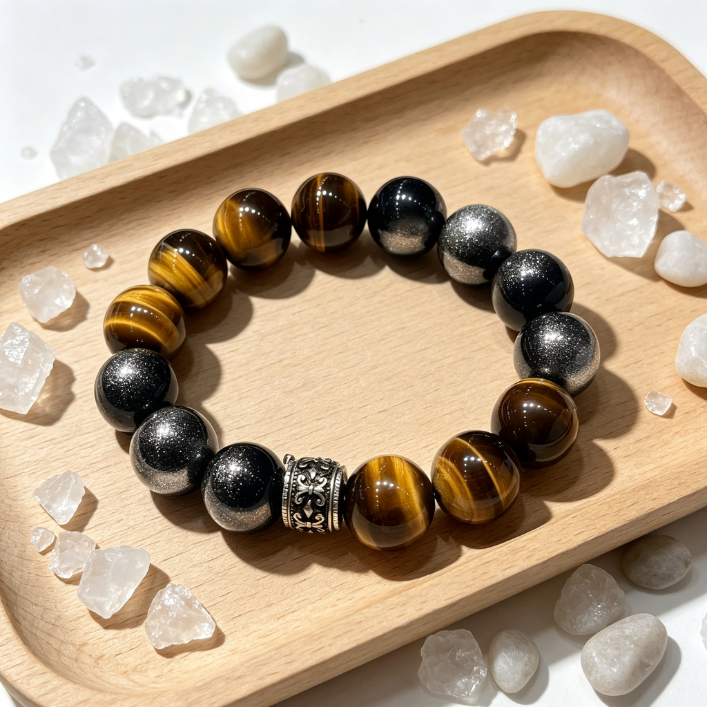Golden Tiger Eye Silver Sheen Obsidian Bracelet Natural Crystal Wealth Protection Beaded Bracelet