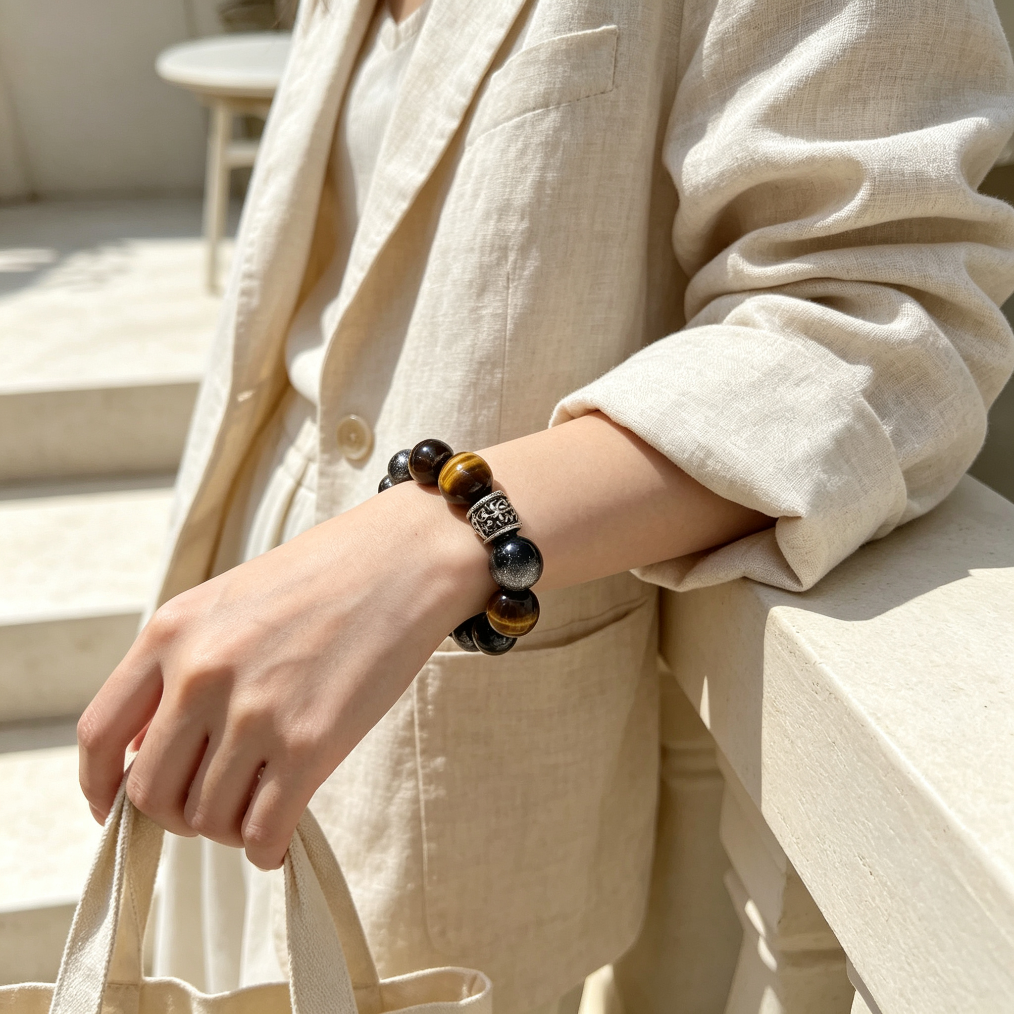 Golden Tiger Eye Silver Sheen Obsidian Bracelet Natural Crystal Wealth Protection Beaded Bracelet