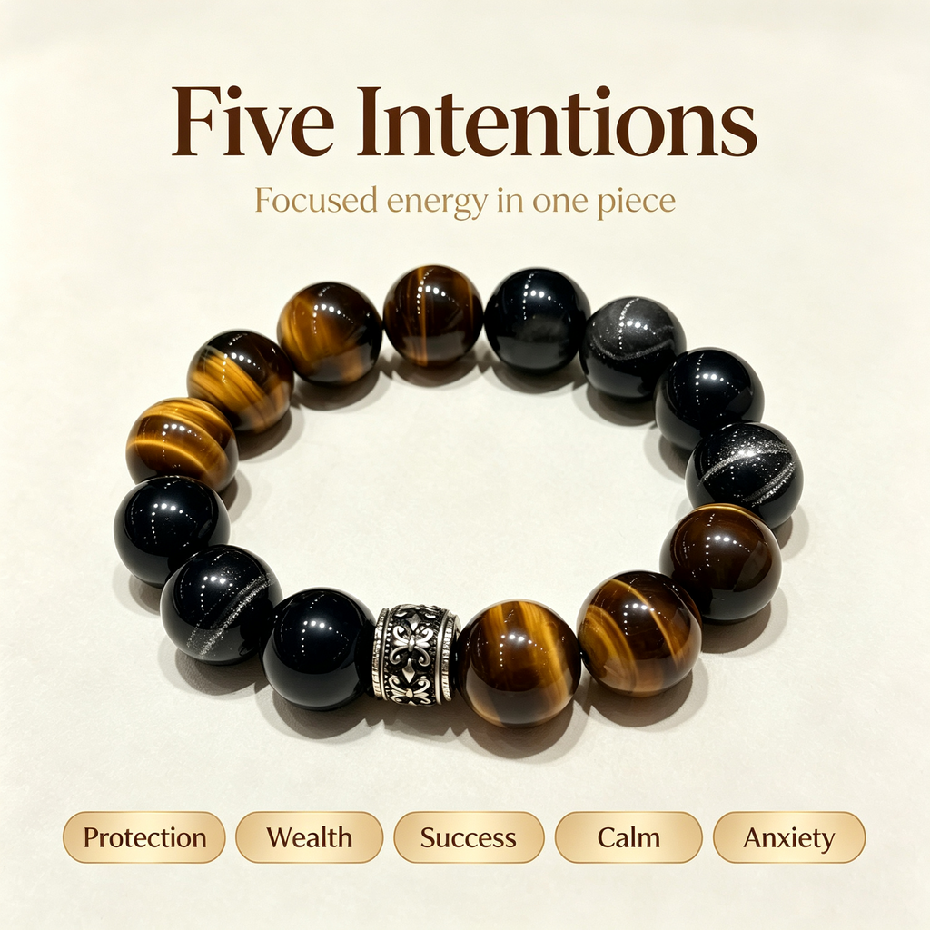 Golden Tiger Eye Silver Sheen Obsidian Bracelet Natural Crystal Wealth Protection Beaded Bracelet
