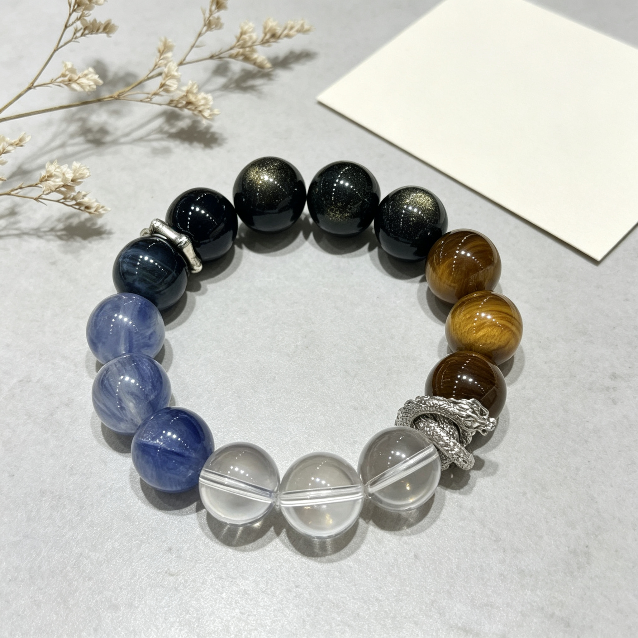 Golden Tiger Eye Kyanite Clear Quartz Golden Sheen Obsidian Bracelet Natural Crystal Protection Wealth Beaded Bracelet