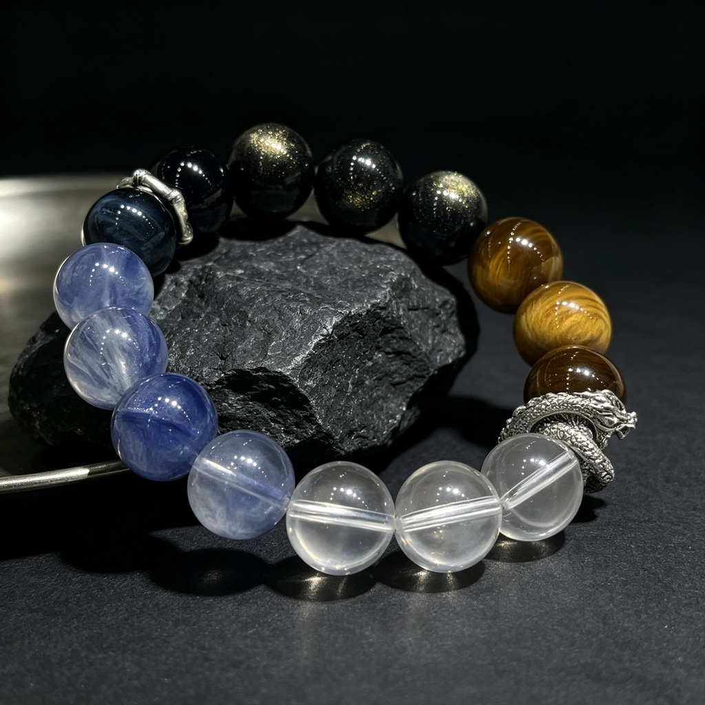 Golden Tiger Eye Kyanite Clear Quartz Golden Sheen Obsidian Bracelet Natural Crystal Protection Wealth Beaded Bracelet