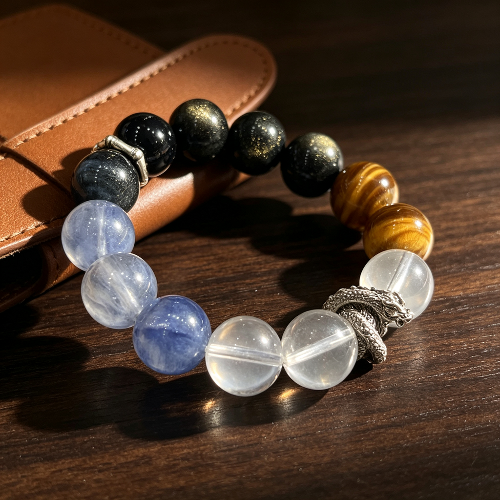 Golden Tiger Eye Kyanite Clear Quartz Golden Sheen Obsidian Bracelet Natural Crystal Protection Wealth Beaded Bracelet