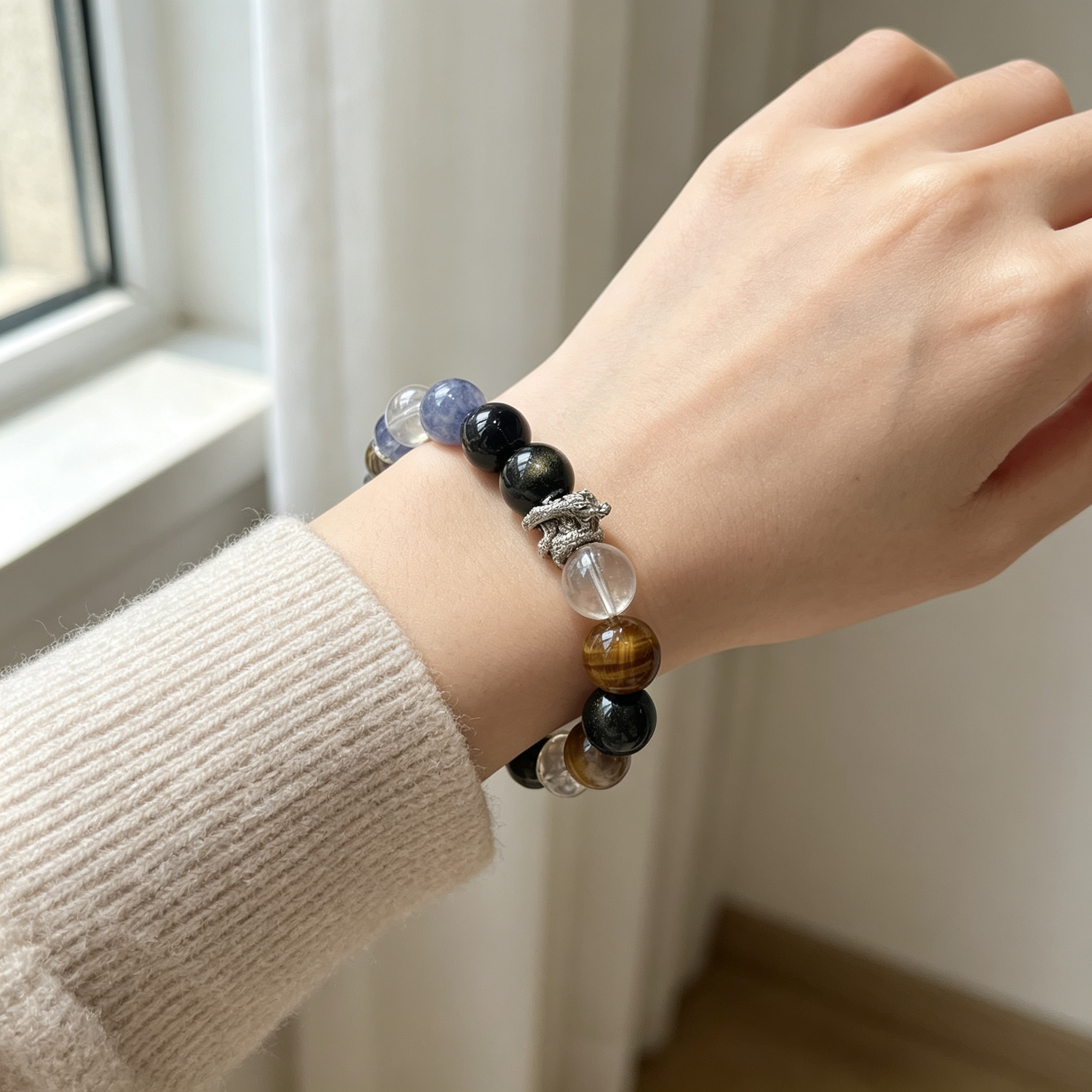 Golden Tiger Eye Kyanite Clear Quartz Golden Sheen Obsidian Bracelet Natural Crystal Protection Wealth Beaded Bracelet