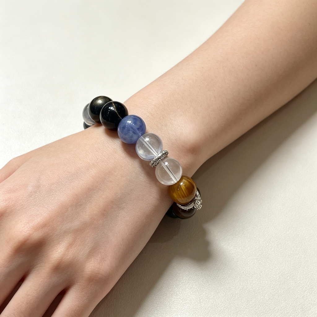 Golden Tiger Eye Kyanite Clear Quartz Golden Sheen Obsidian Bracelet Natural Crystal Protection Wealth Beaded Bracelet