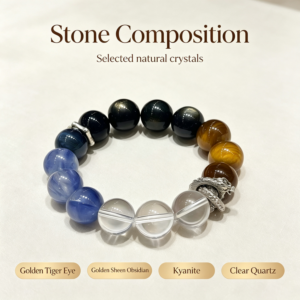 Golden Tiger Eye Kyanite Clear Quartz Golden Sheen Obsidian Bracelet Natural Crystal Protection Wealth Beaded Bracelet
