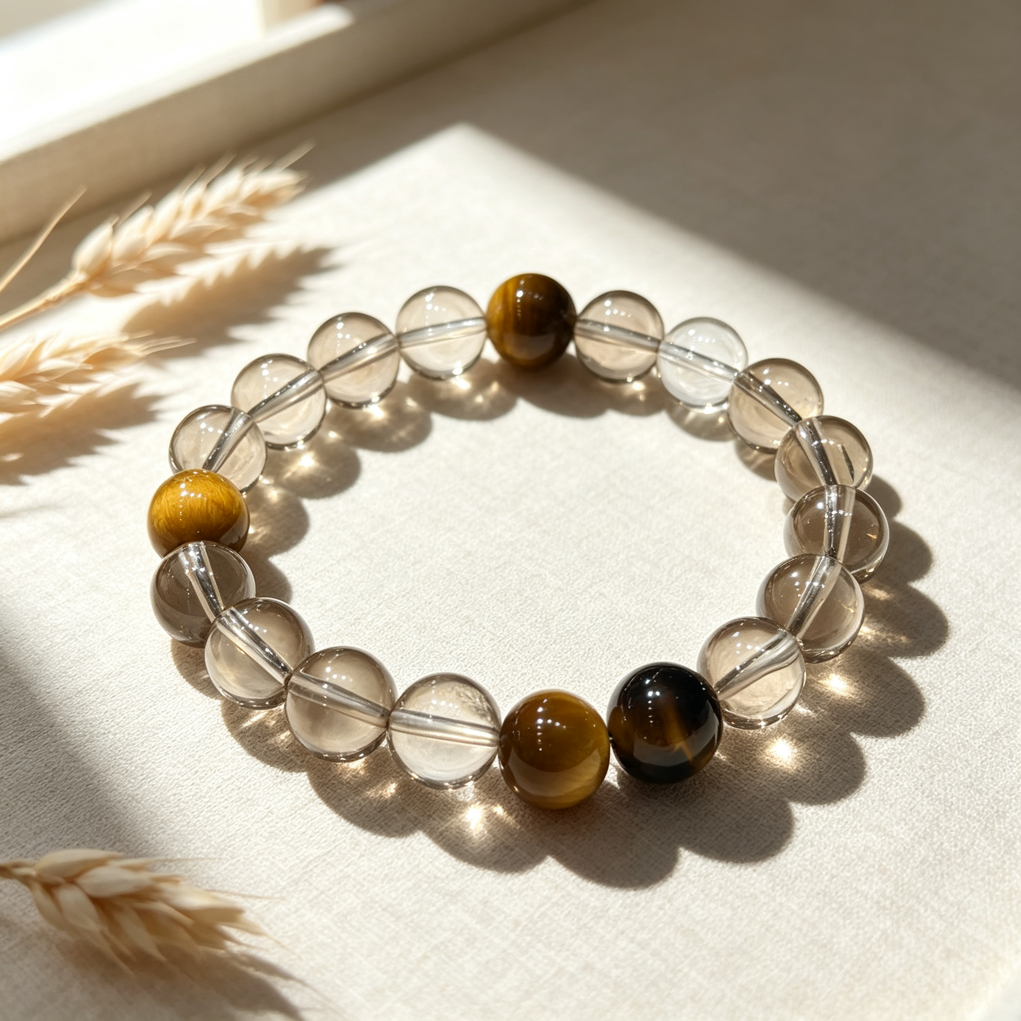 Smoky Quartz Golden Tiger's Eye Bracelet Natural Crystal Wealth Calm Protection Beaded Bracelet