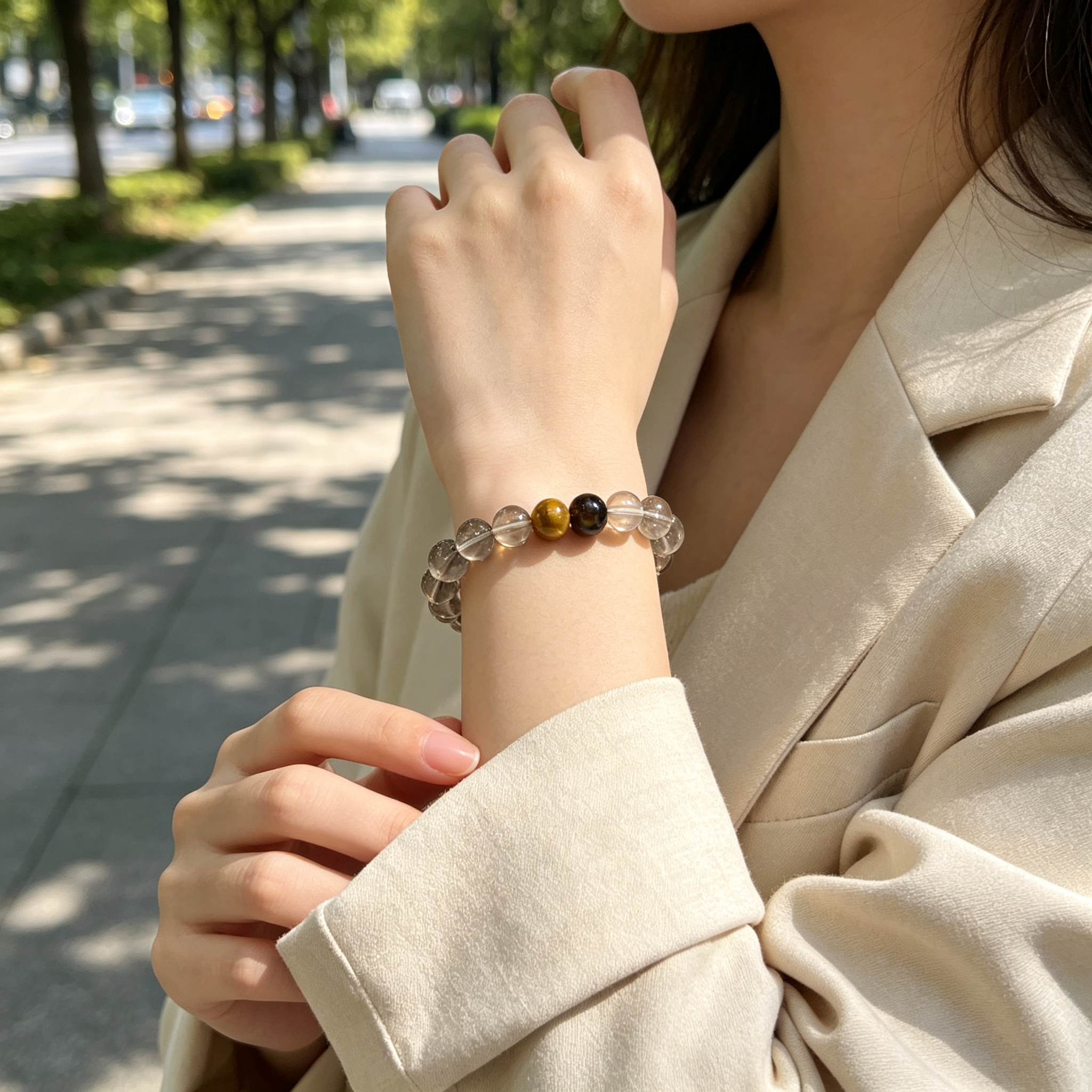 Smoky Quartz Golden Tiger's Eye Bracelet Natural Crystal Wealth Calm Protection Beaded Bracelet