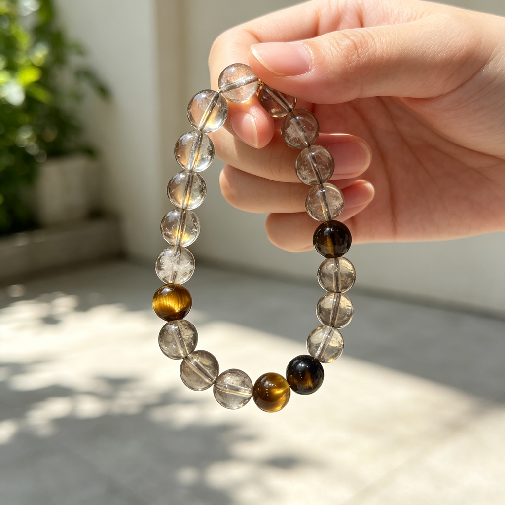 Smoky Quartz Golden Tiger's Eye Bracelet Natural Crystal Wealth Calm Protection Beaded Bracelet