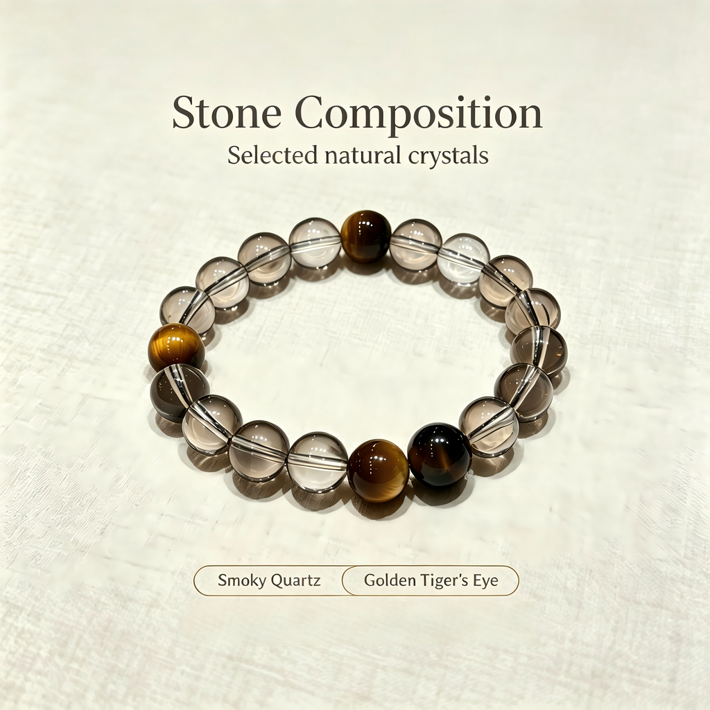 Smoky Quartz Golden Tiger's Eye Bracelet Natural Crystal Wealth Calm Protection Beaded Bracelet