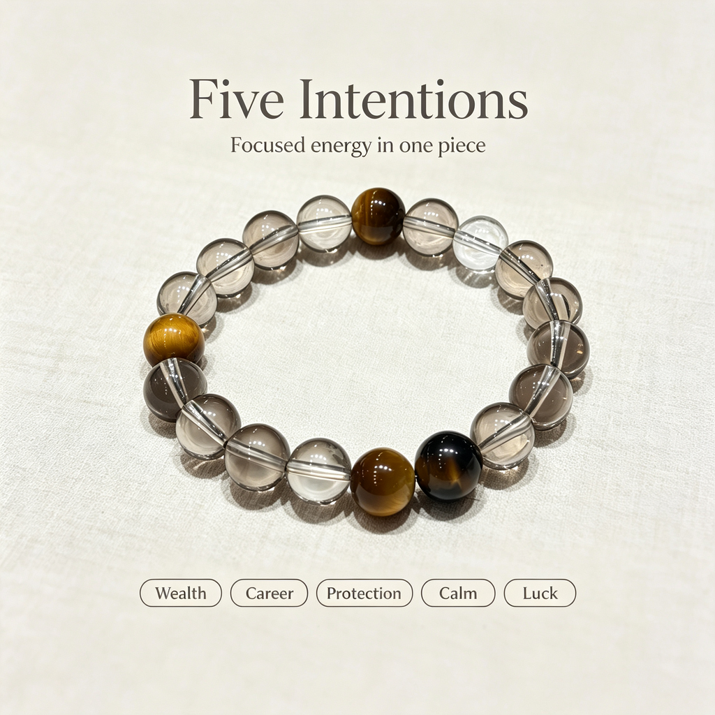 Smoky Quartz Golden Tiger's Eye Bracelet Natural Crystal Wealth Calm Protection Beaded Bracelet