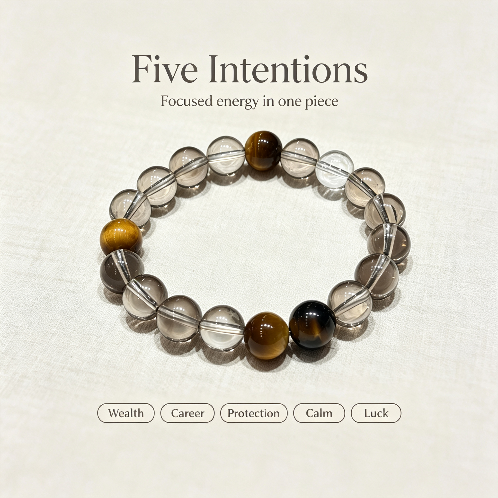 Smoky Quartz Golden Tiger's Eye Bracelet Natural Crystal Wealth Calm Protection Beaded Bracelet