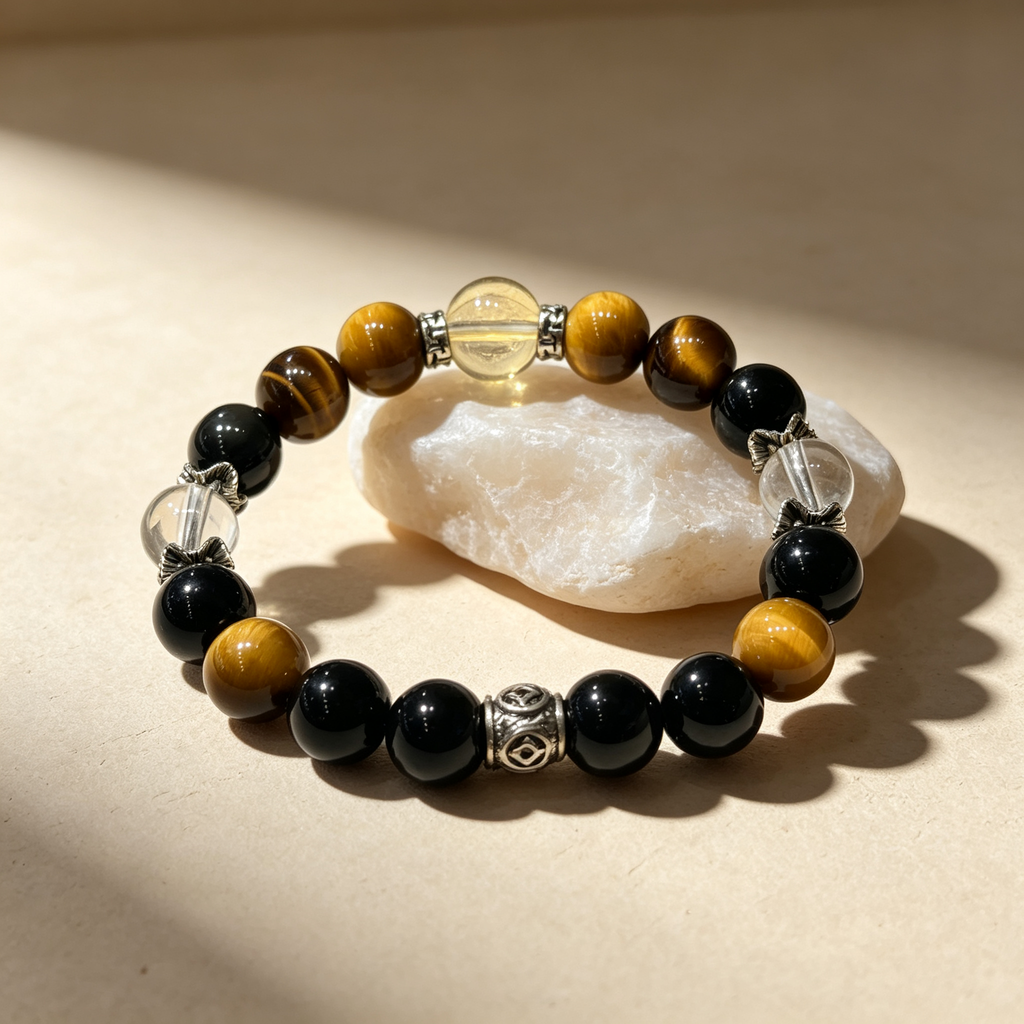 Clear Quartz Citrine Golden Tiger's Eye Obsidian Bracelet Natural Crystal Wealth Luck Protection Beaded Bracelet