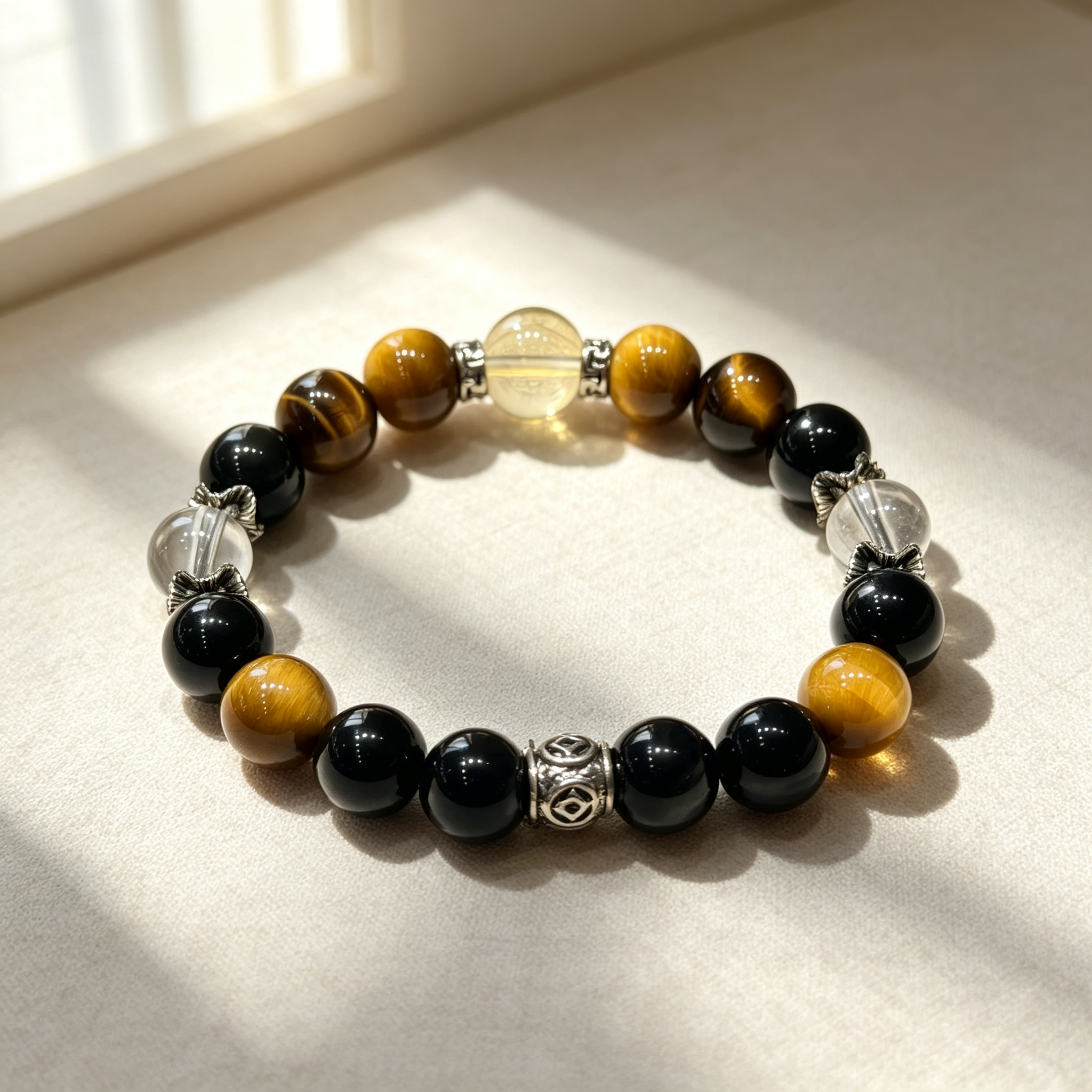Clear Quartz Citrine Golden Tiger's Eye Obsidian Bracelet Natural Crystal Wealth Luck Protection Beaded Bracelet