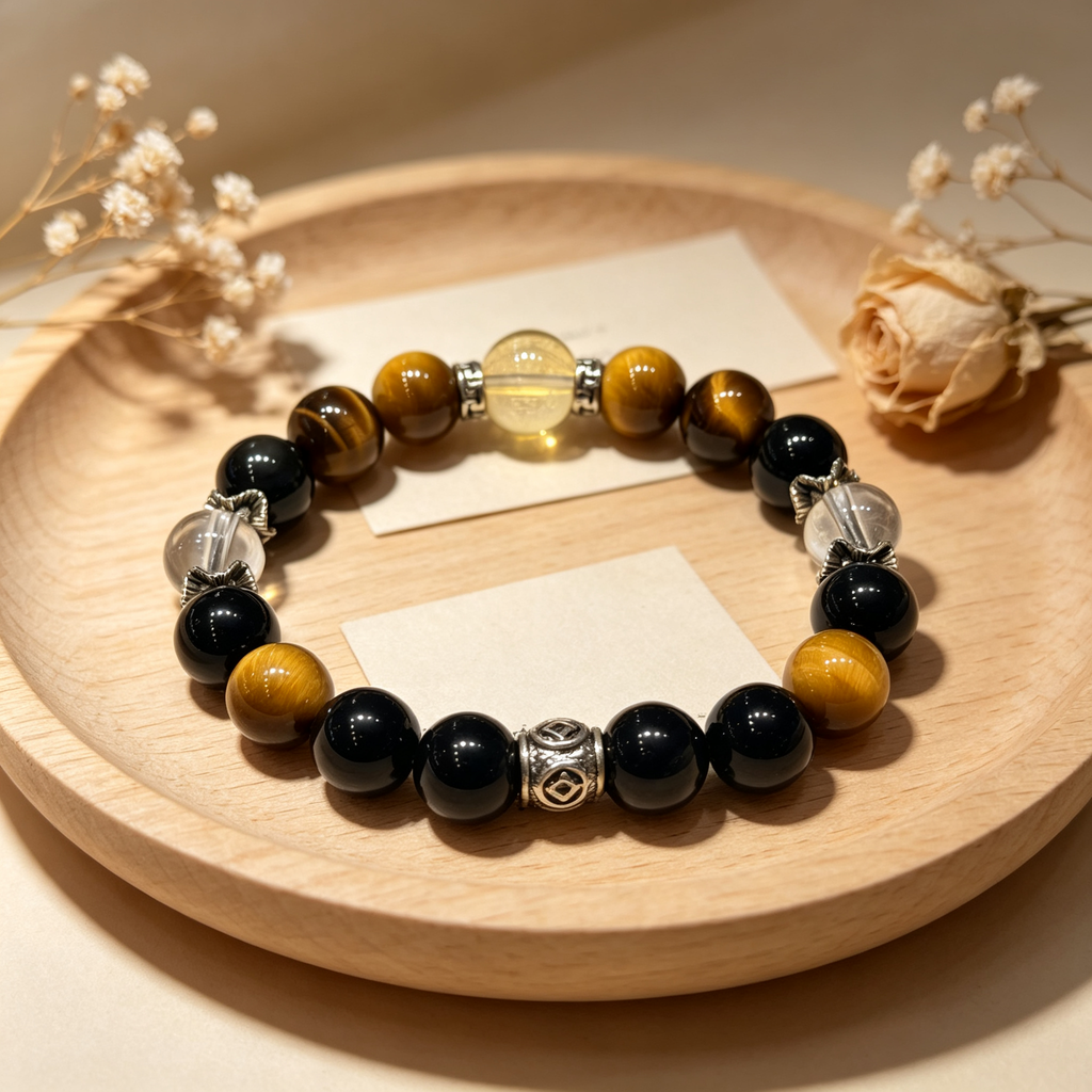Clear Quartz Citrine Golden Tiger's Eye Obsidian Bracelet Natural Crystal Wealth Luck Protection Beaded Bracelet