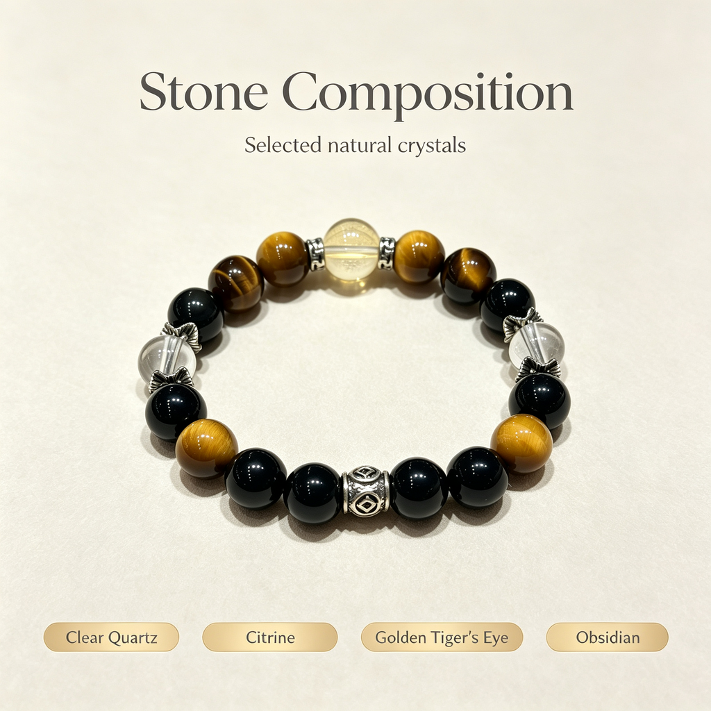Clear Quartz Citrine Golden Tiger's Eye Obsidian Bracelet Natural Crystal Wealth Luck Protection Beaded Bracelet
