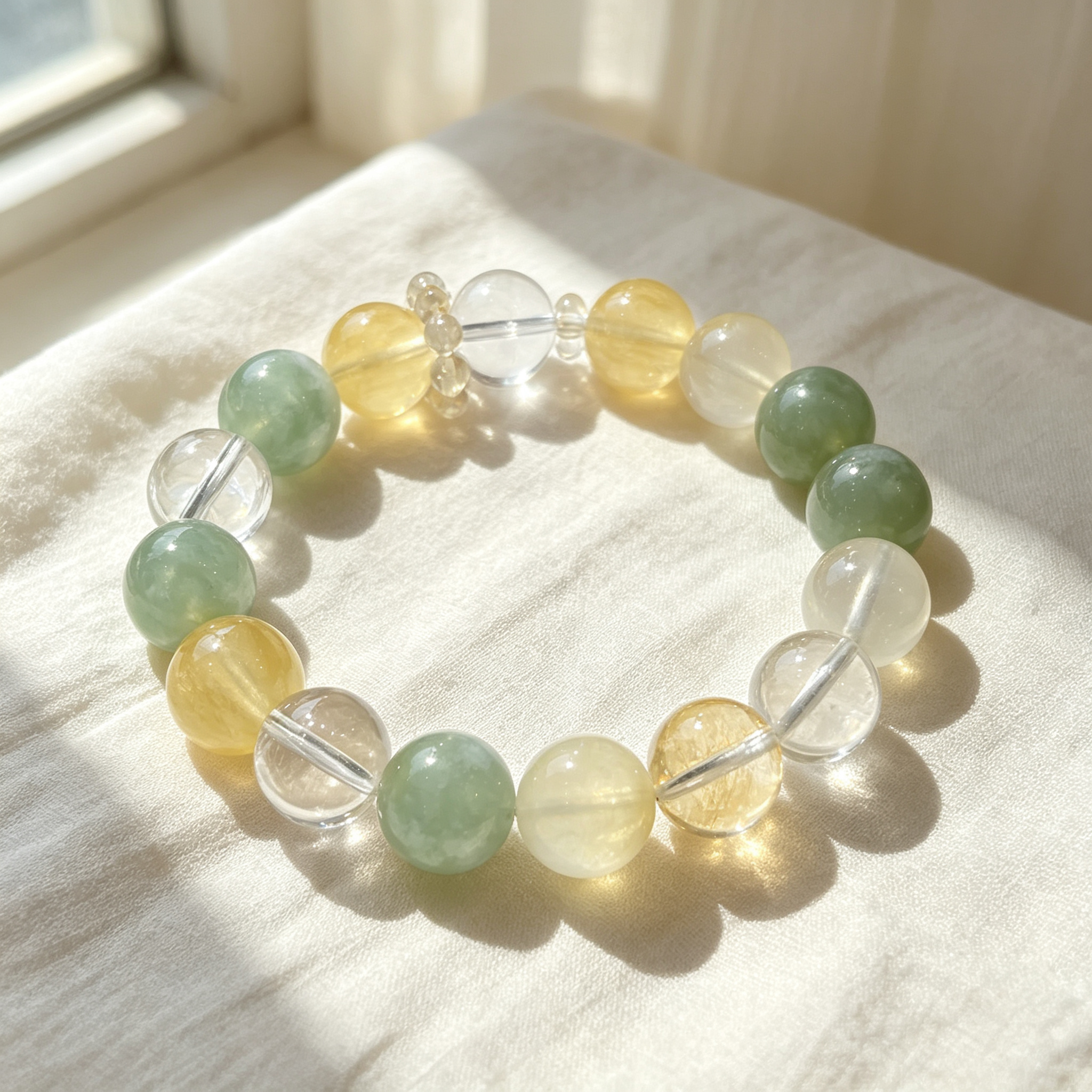 Serpentine Jade Yellow Fluorite Clear Quartz Bracelet Natural Crystal Calming Anxiety Beaded Bracelet