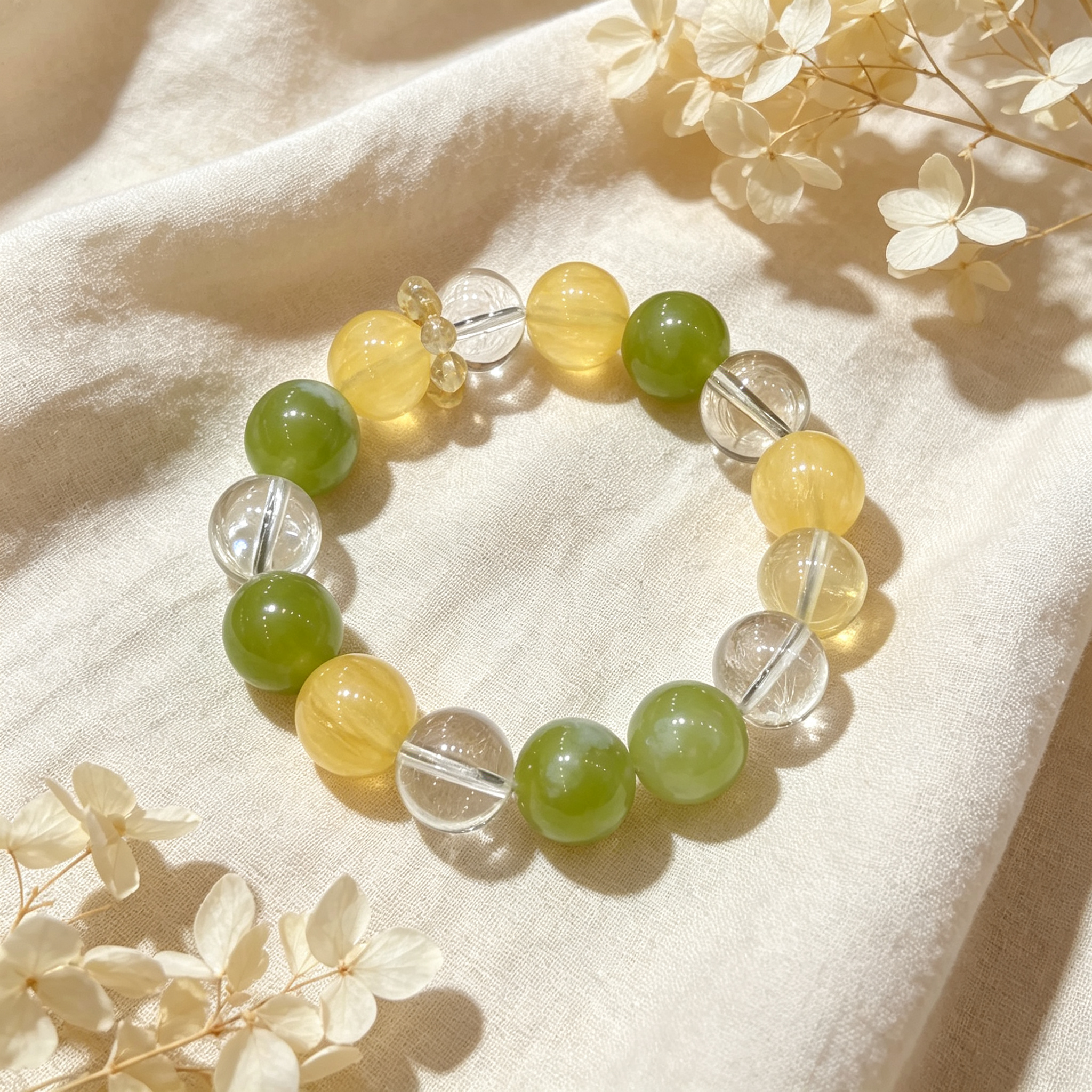 Serpentine Jade Yellow Fluorite Clear Quartz Bracelet Natural Crystal Calming Anxiety Beaded Bracelet