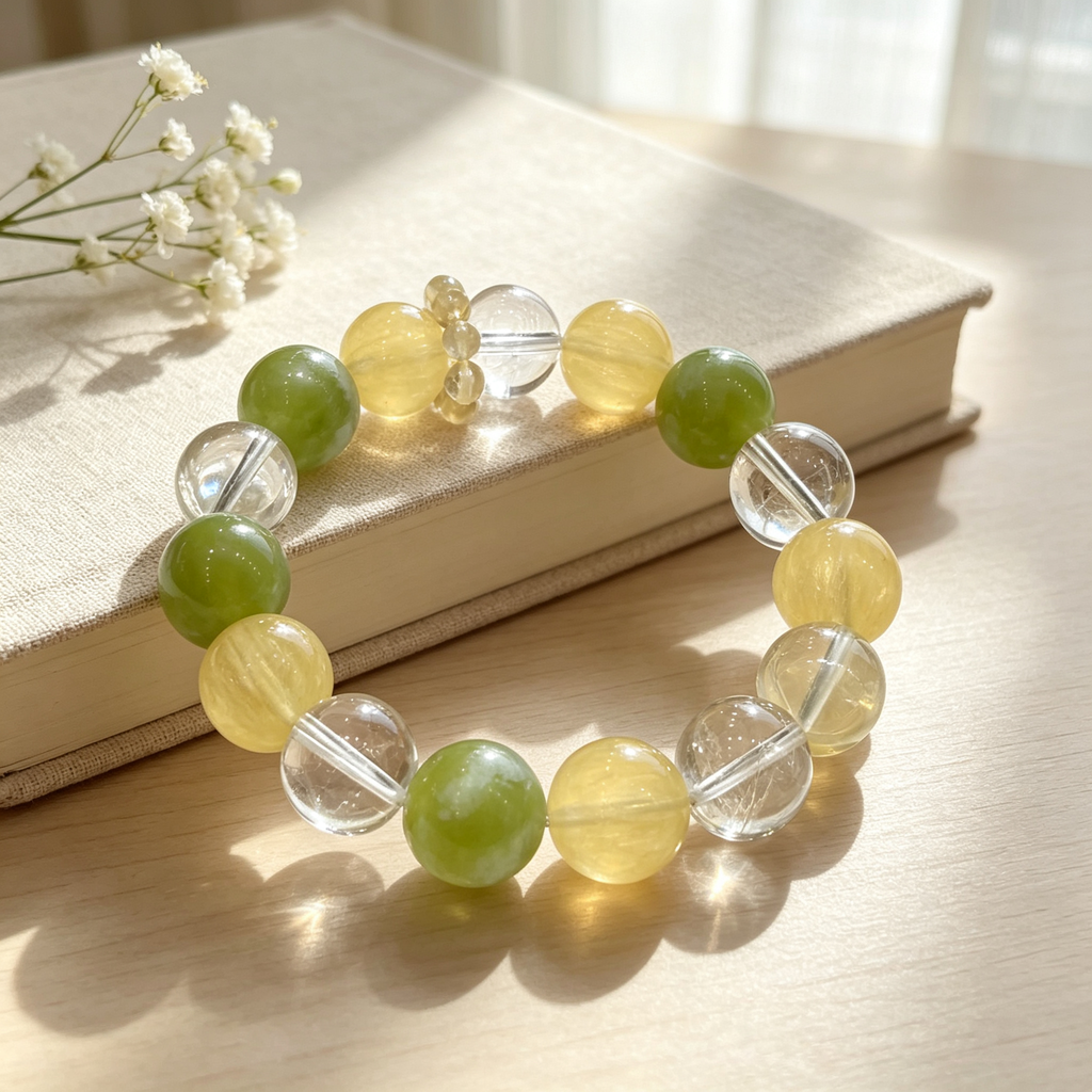 Serpentine Jade Yellow Fluorite Clear Quartz Bracelet Natural Crystal Calming Anxiety Beaded Bracelet