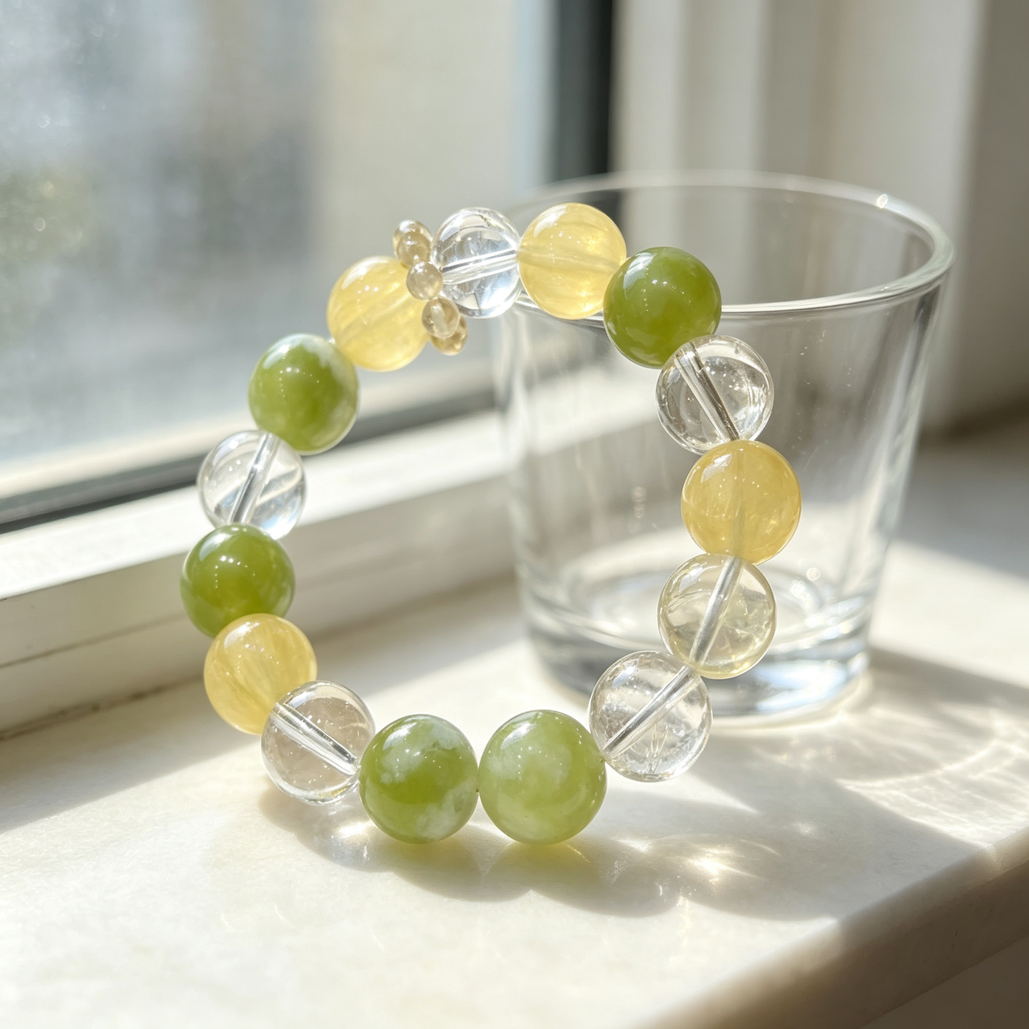 Serpentine Jade Yellow Fluorite Clear Quartz Bracelet Natural Crystal Calming Anxiety Beaded Bracelet