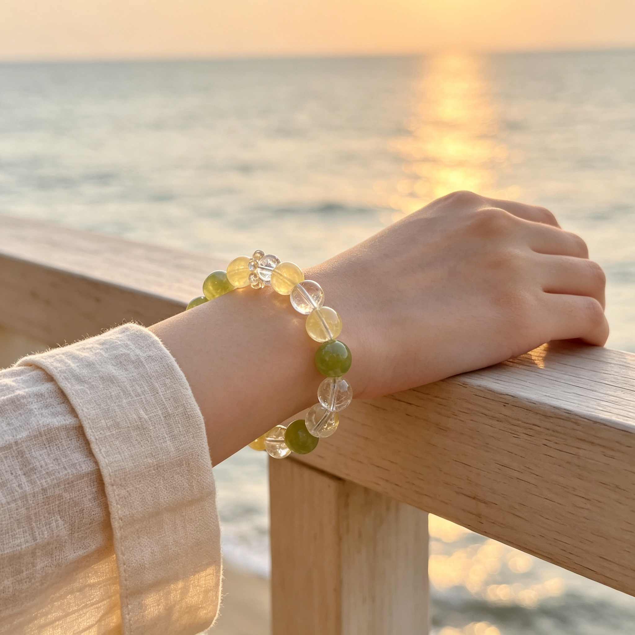 Serpentine Jade Yellow Fluorite Clear Quartz Bracelet Natural Crystal Calming Anxiety Beaded Bracelet