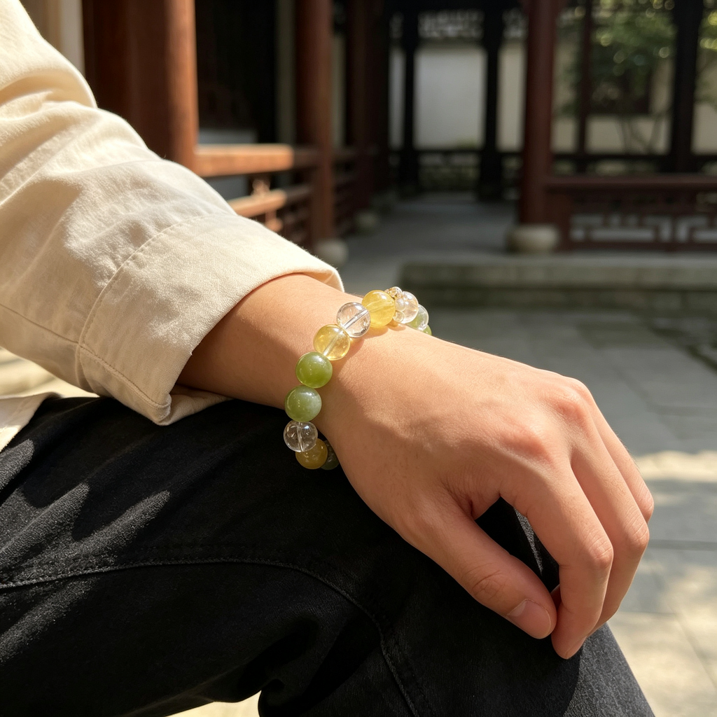 Serpentine Jade Yellow Fluorite Clear Quartz Bracelet Natural Crystal Calming Anxiety Beaded Bracelet