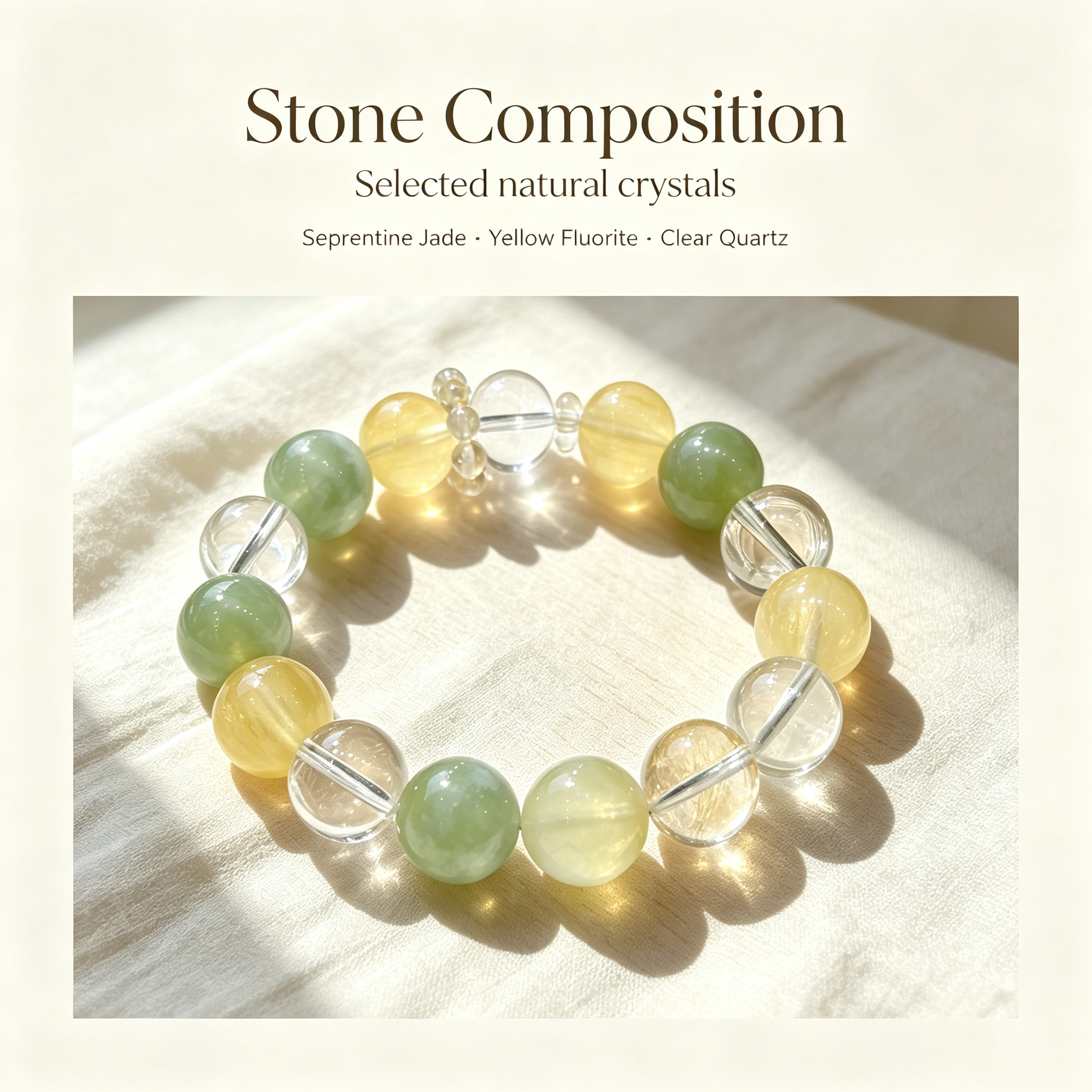 Serpentine Jade Yellow Fluorite Clear Quartz Bracelet Natural Crystal Calming Anxiety Beaded Bracelet
