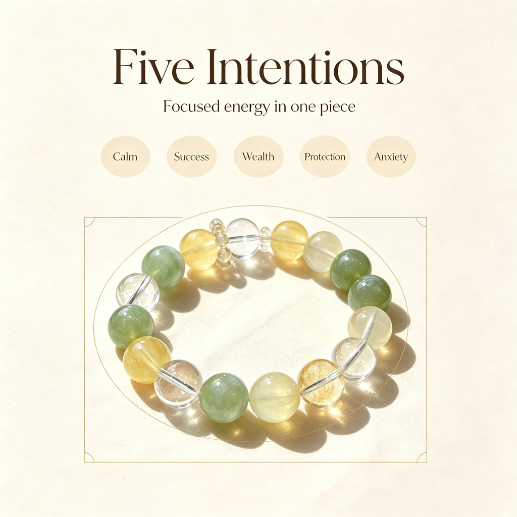 Serpentine Jade Yellow Fluorite Clear Quartz Bracelet Natural Crystal Calming Anxiety Beaded Bracelet