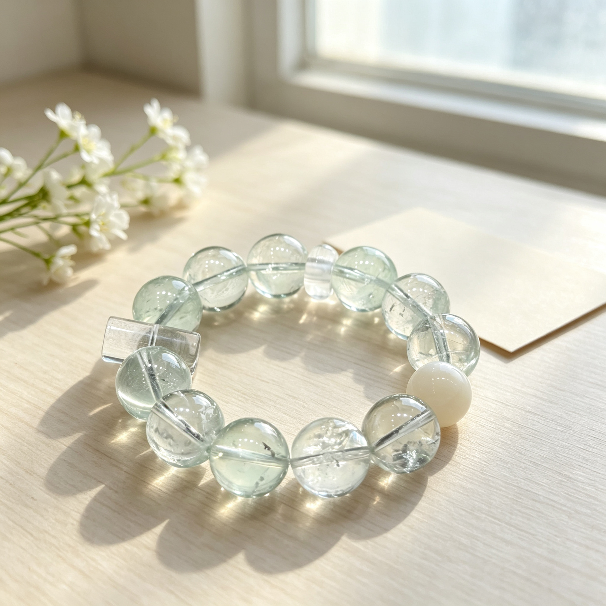 Green Smoky Quartz Clear Quartz White Snow Phantom Quartz Bracelet Natural Healing Crystal Grounding Purification Beaded Bracelet