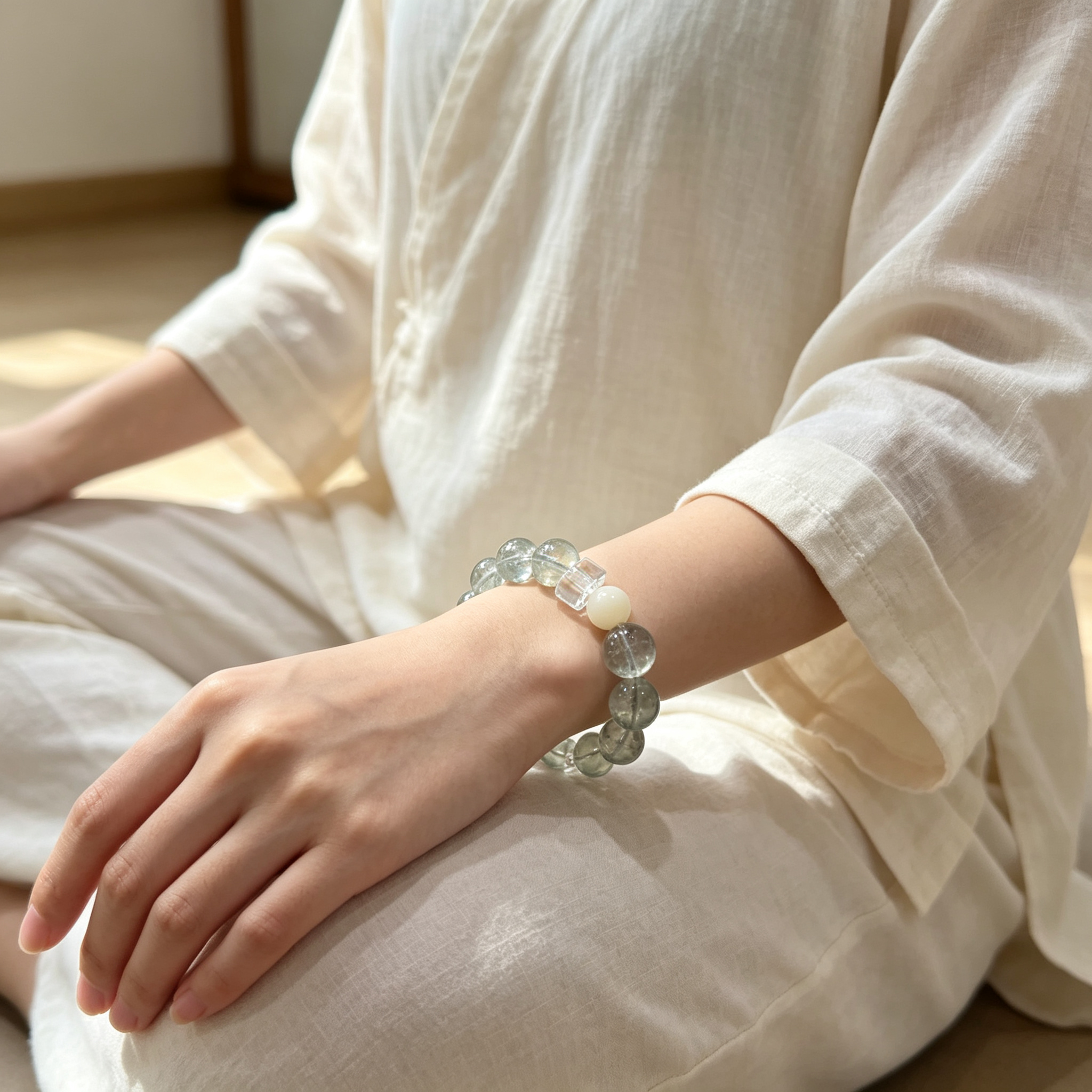 Green Smoky Quartz Clear Quartz White Snow Phantom Quartz Bracelet Natural Healing Crystal Grounding Purification Beaded Bracelet