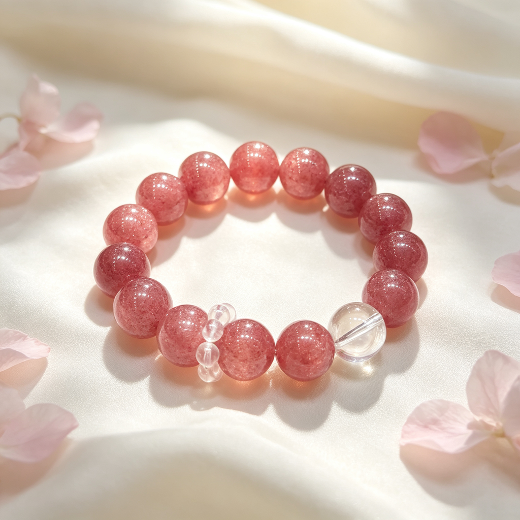 Strawberry Quartz Clear Quartz Bracelet Natural Healing Crystal Love Relationship Luck Protection Beaded Bracelet
