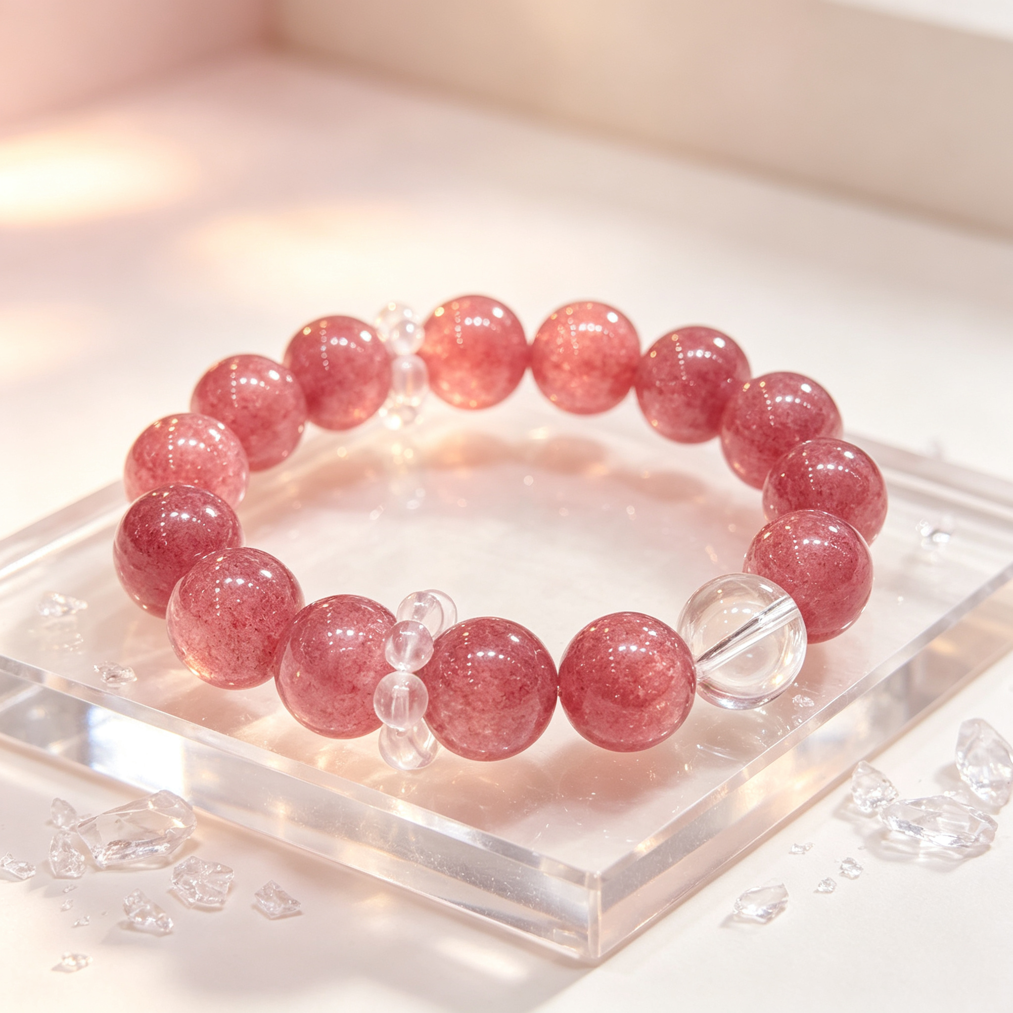 Strawberry Quartz Clear Quartz Bracelet Natural Healing Crystal Love Relationship Luck Protection Beaded Bracelet