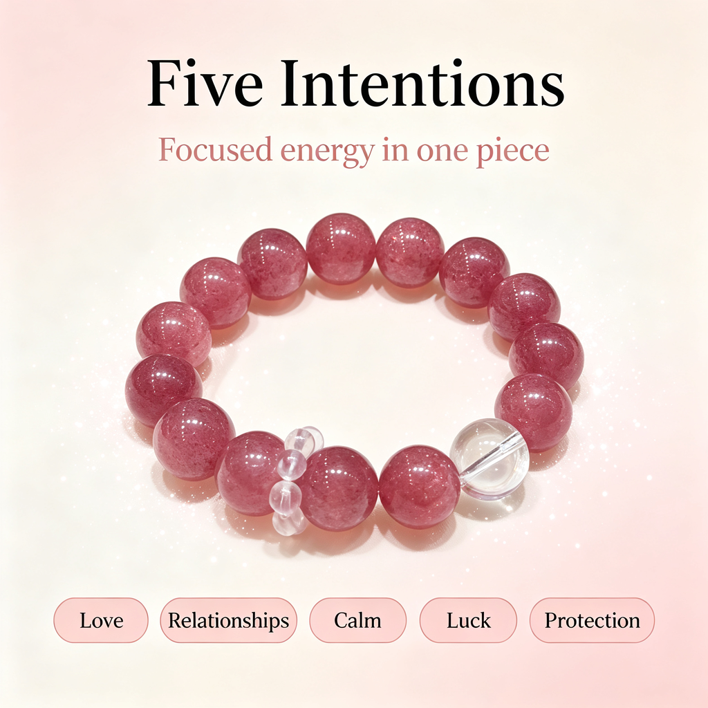 Strawberry Quartz Clear Quartz Bracelet Natural Healing Crystal Love Relationship Luck Protection Beaded Bracelet