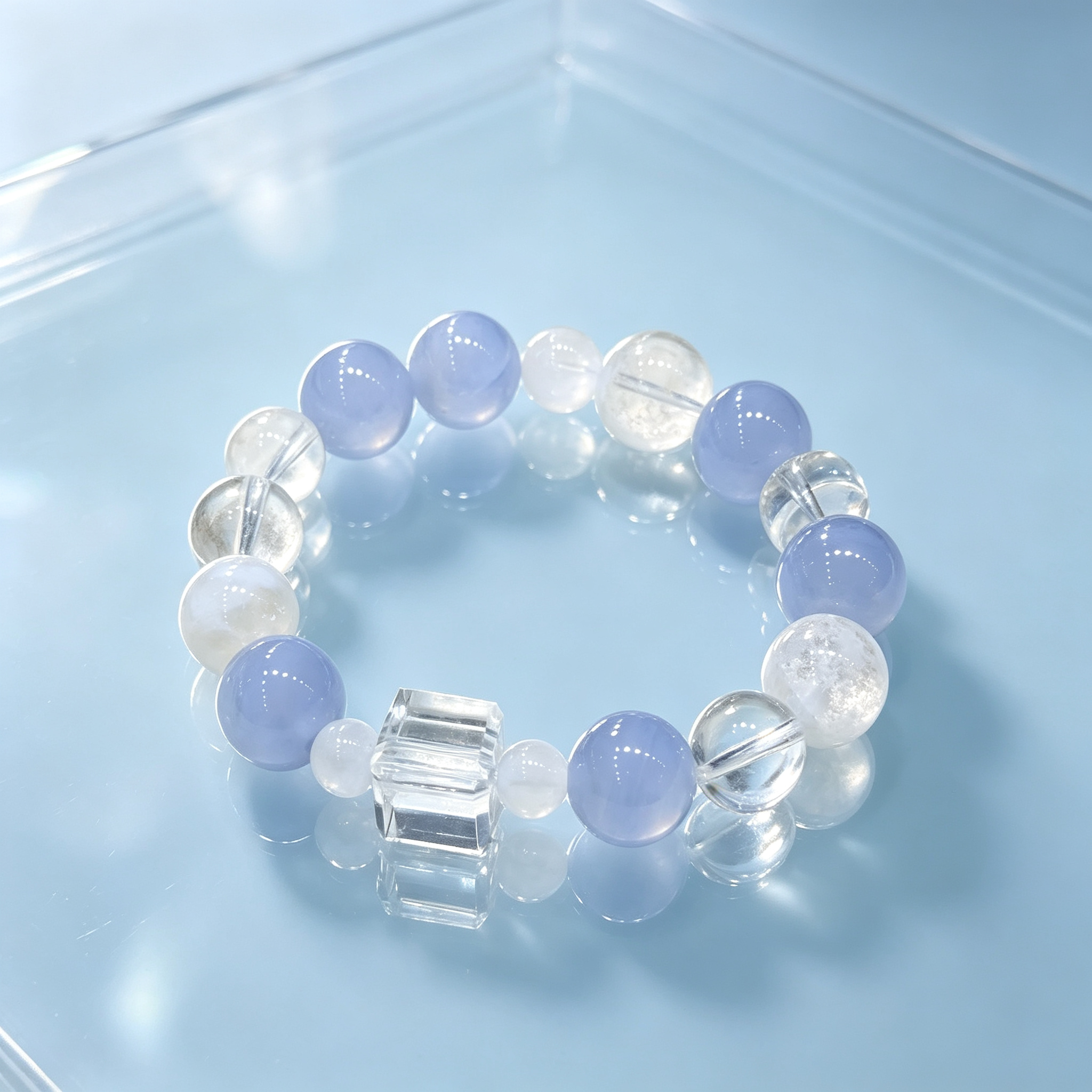 Blue Lace Agate White Snow Phantom Quartz Clear Quartz Bracelet Natural Healing Crystal Calm Love Relationship Protection Anxiety Relief Beaded Bracelet