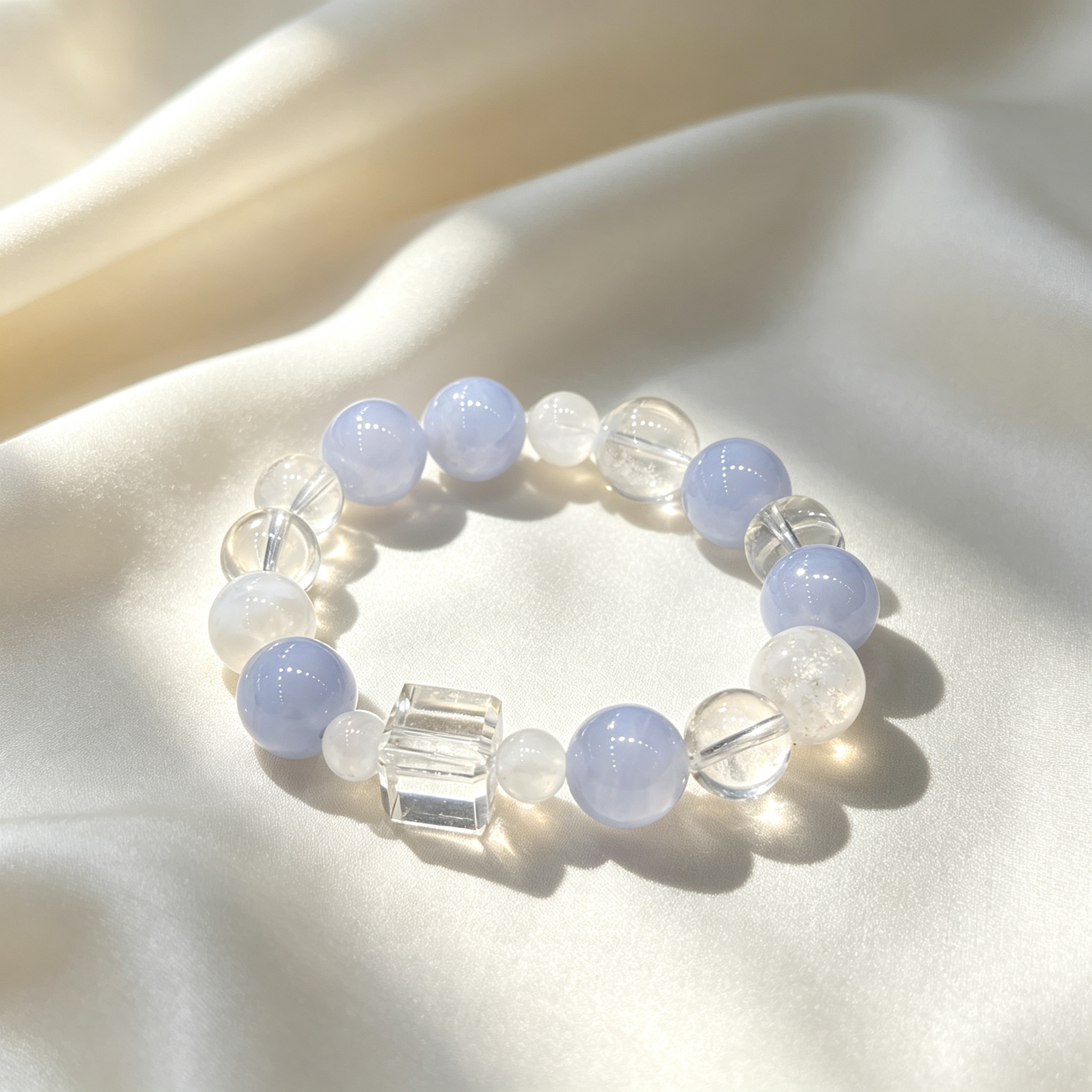 Blue Lace Agate White Snow Phantom Quartz Clear Quartz Bracelet Natural Healing Crystal Calm Love Relationship Protection Anxiety Relief Beaded Bracelet