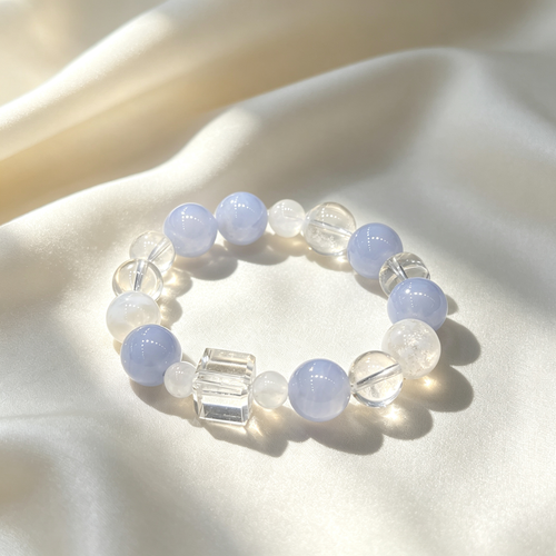 Blue Lace Agate White Snow Phantom Quartz Clear Quartz Bracelet Natural Healing Crystal Calm Love Relationship Protection Anxiety Relief Beaded Bracelet