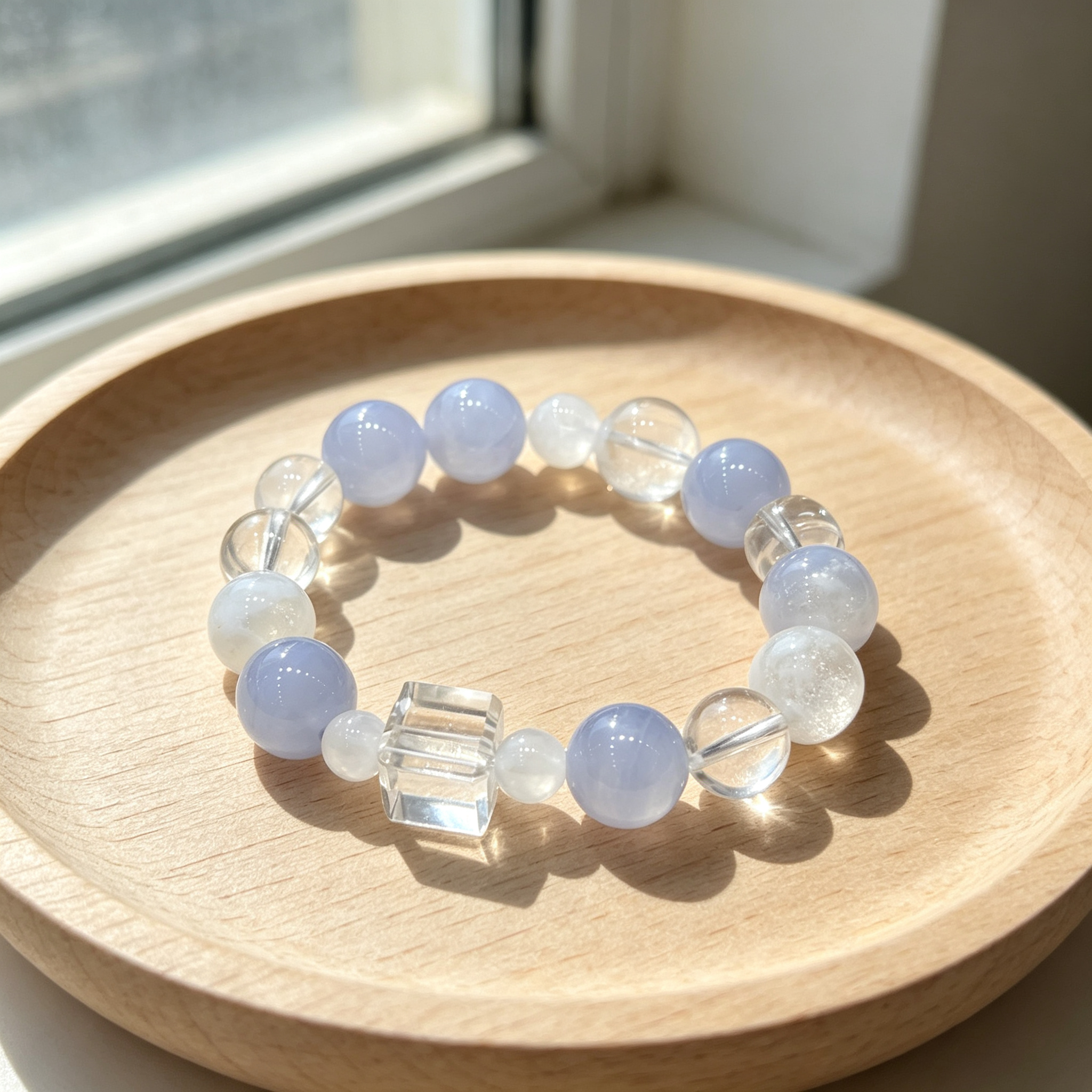 Blue Lace Agate White Snow Phantom Quartz Clear Quartz Bracelet Natural Healing Crystal Calm Love Relationship Protection Anxiety Relief Beaded Bracelet