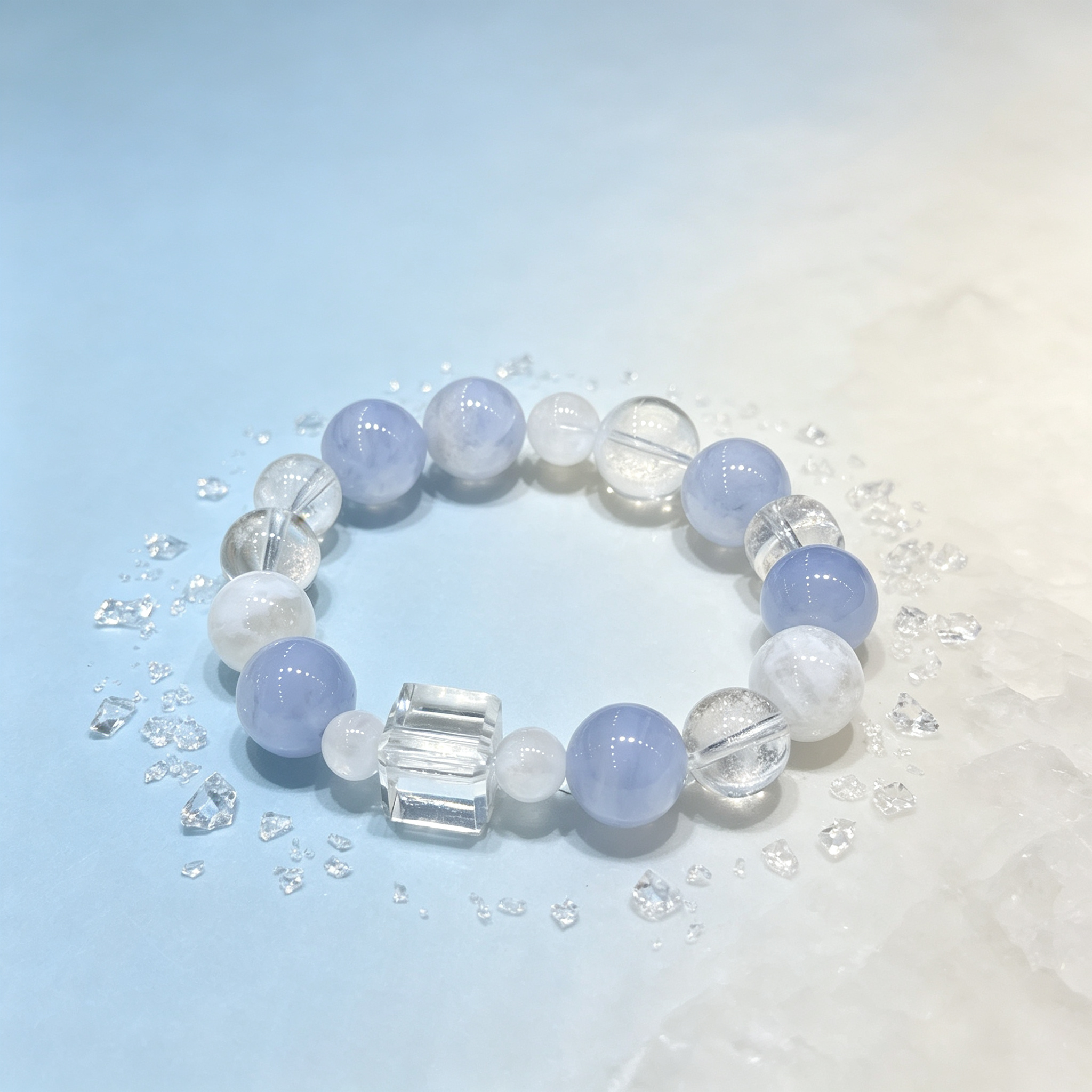 Blue Lace Agate White Snow Phantom Quartz Clear Quartz Bracelet Natural Healing Crystal Calm Love Relationship Protection Anxiety Relief Beaded Bracelet