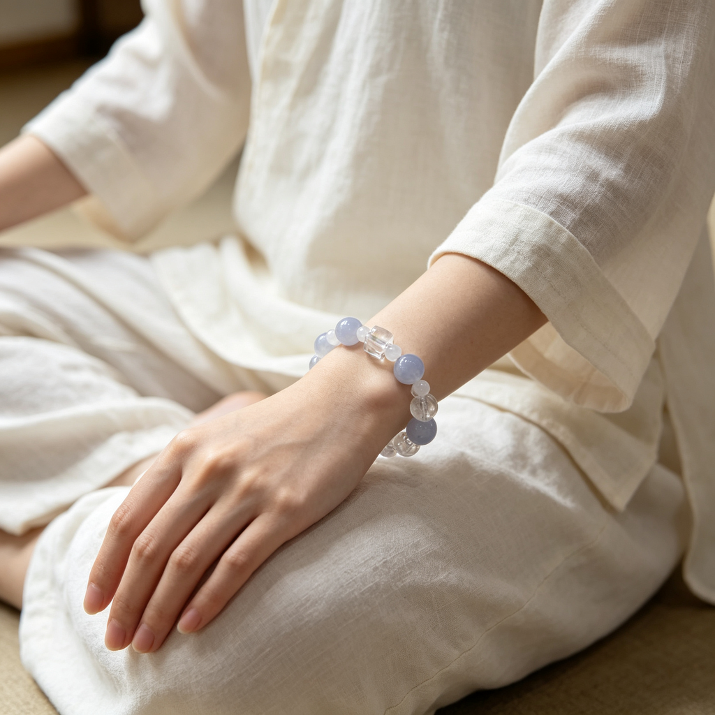 Blue Lace Agate White Snow Phantom Quartz Clear Quartz Bracelet Natural Healing Crystal Calm Love Relationship Protection Anxiety Relief Beaded Bracelet