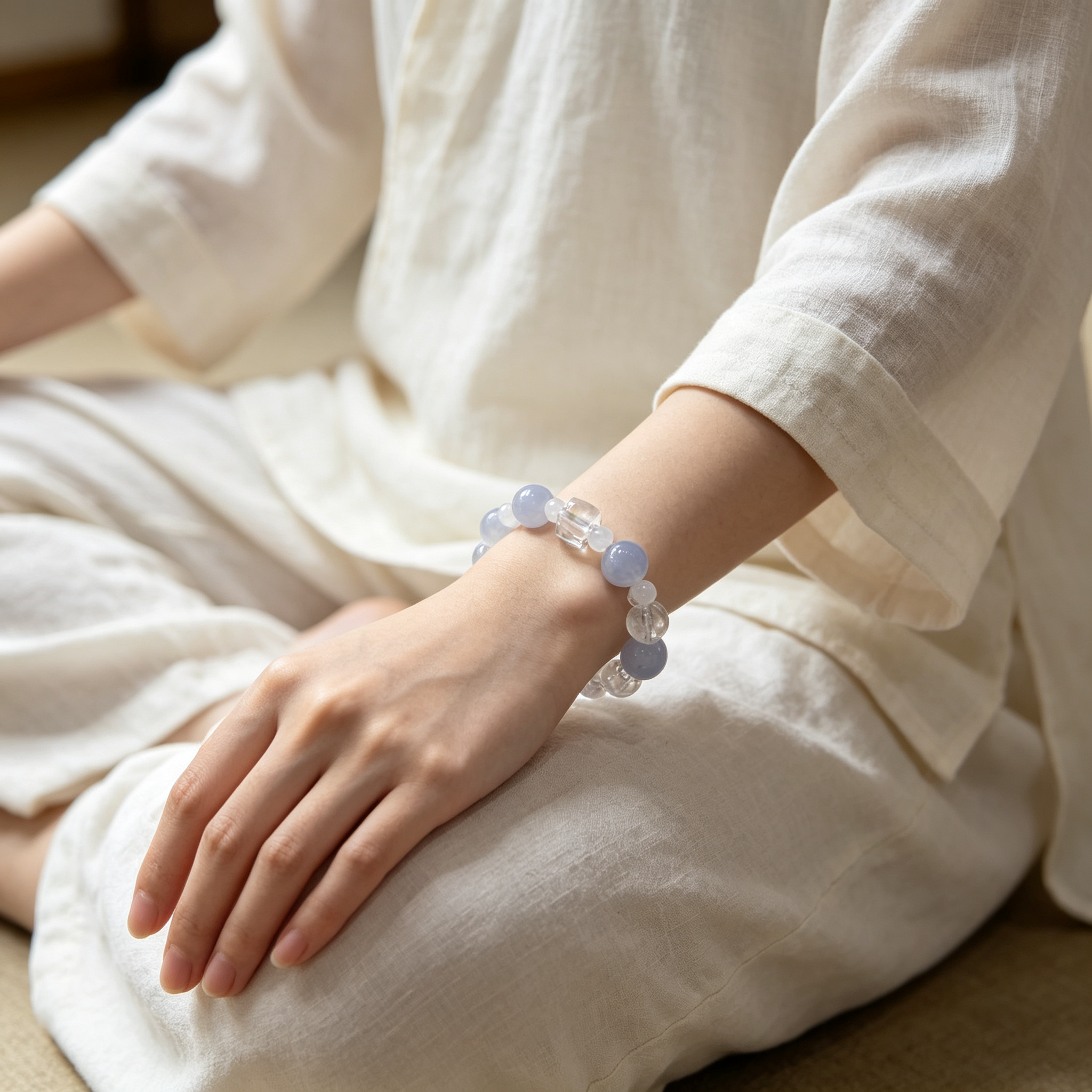 Blue Lace Agate White Snow Phantom Quartz Clear Quartz Bracelet Natural Healing Crystal Calm Love Relationship Protection Anxiety Relief Beaded Bracelet